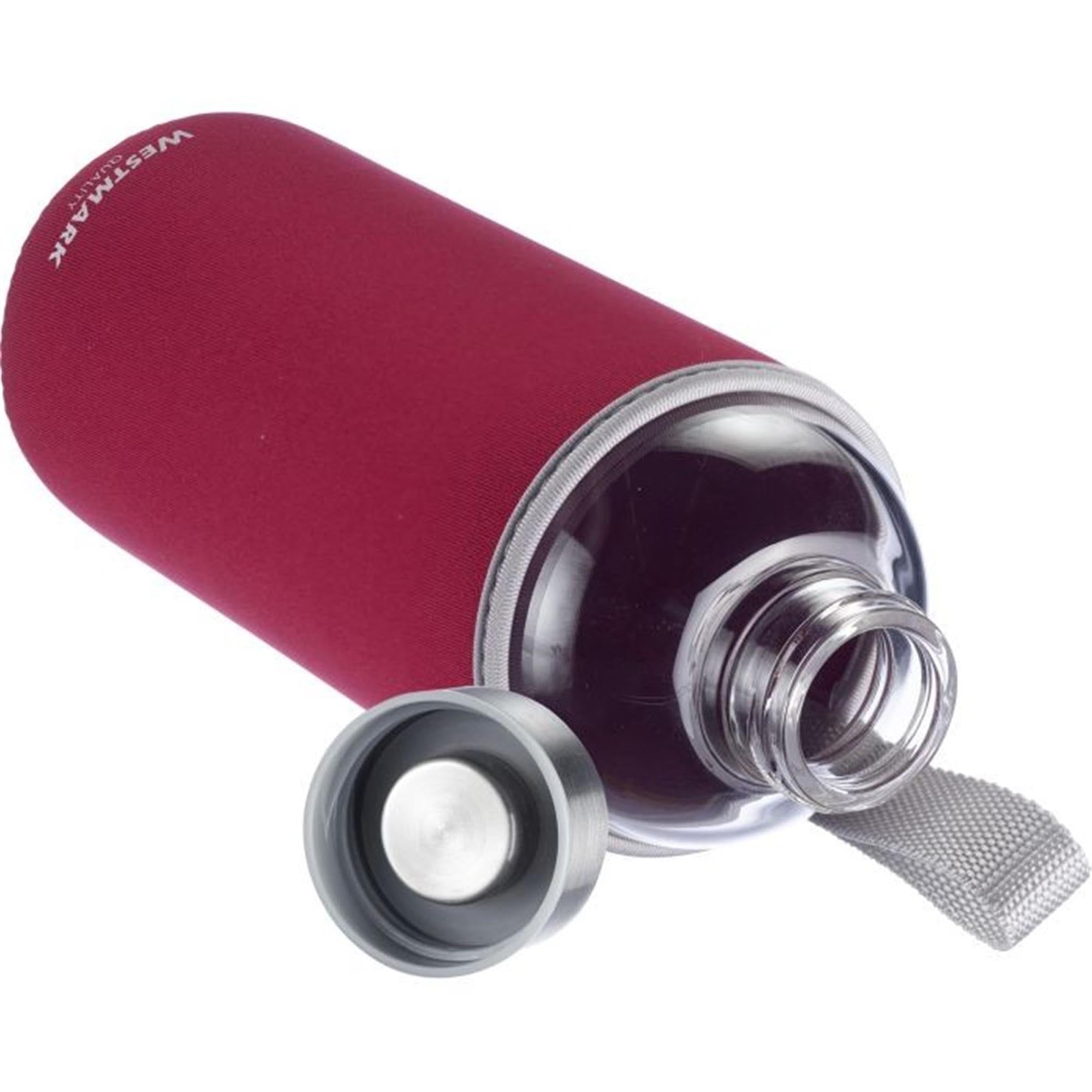 Glas-Trinkflasche 1L mit rotem Cover, stilvoll und praktisch, ideal für unterwegs, von Westmark.