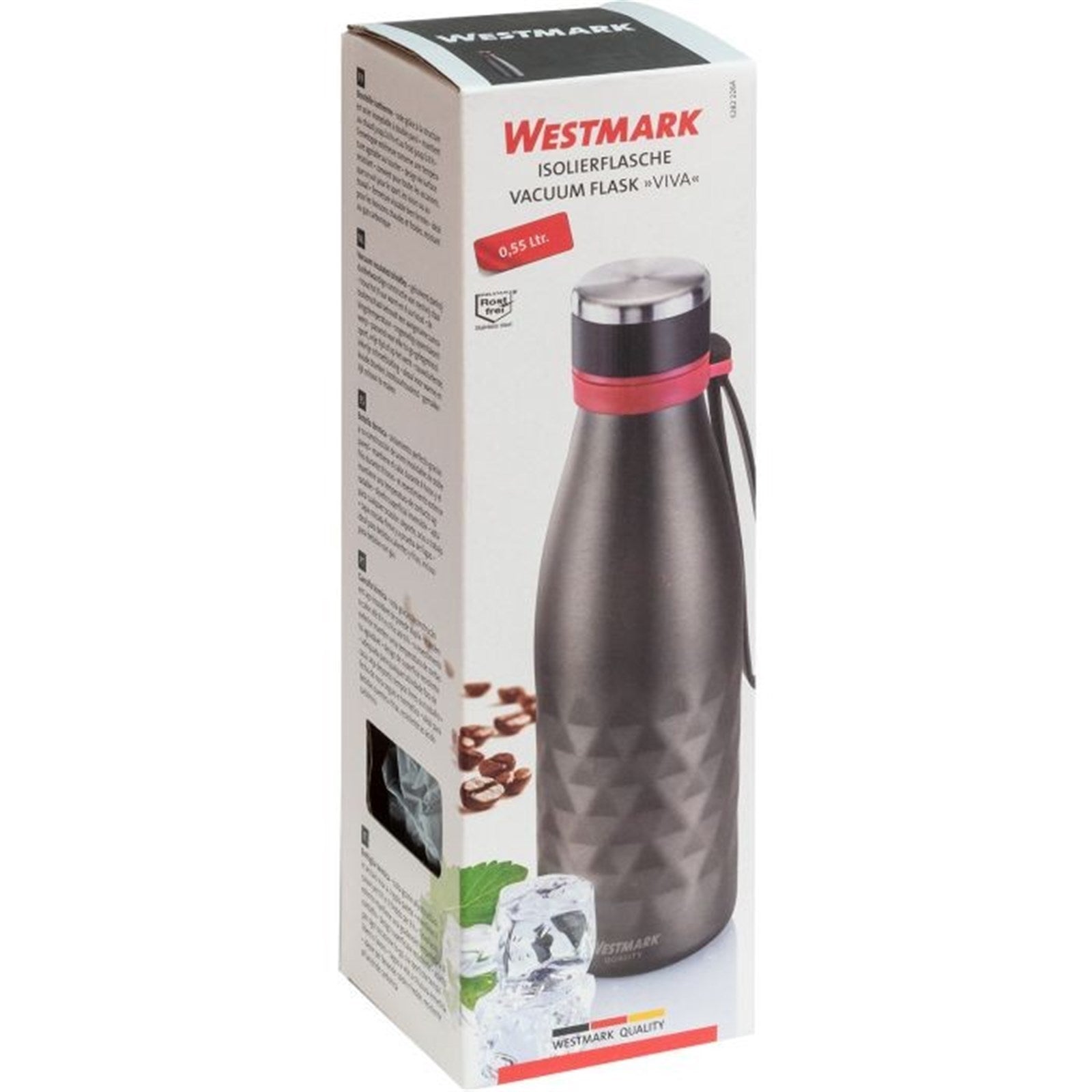 Die anthrazitfarbene Isolierflasche Viva (0,55 l) von Westmark bewahrt Getränke unterwegs warm oder kalt – praktisch und stilvoll.