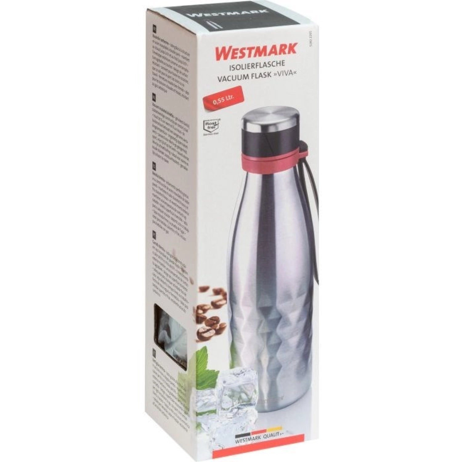 Stylische Isolierflasche Viva in Silber, 0,55 l, perfekt für die Aufbewahrung von heißen und kalten Getränken, ideal für Reisen und Outdoor-Aktivitäten.