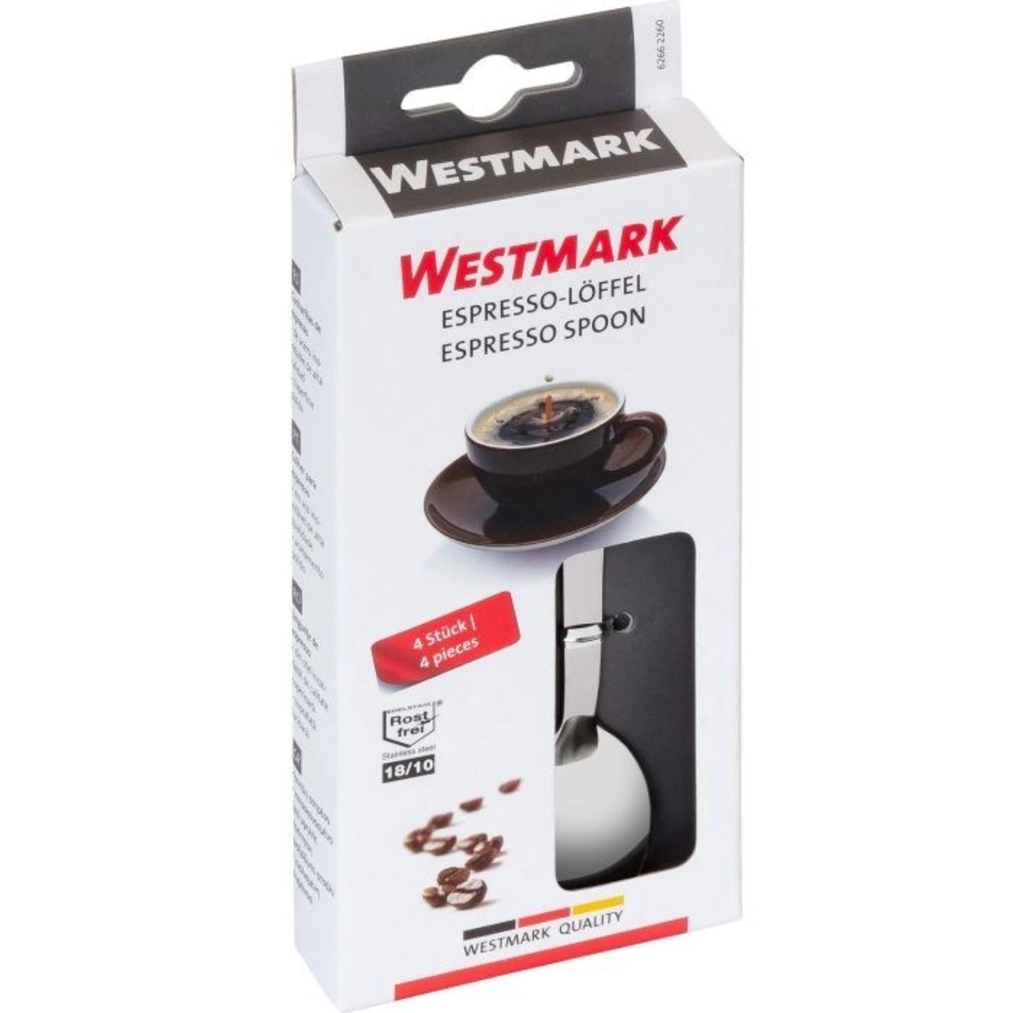 Set aus 4 eleganten Espresso-Löffeln aus rostfreiem Edelstahl 18/10 von Westmark, perfekt für stilvollen Kaffeegenuss.