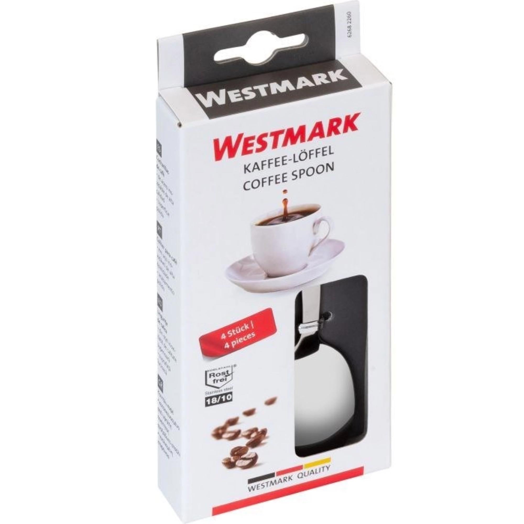 Set mit 4 eleganten Kaffeelöffeln aus Edelstahl 18/10 von Westmark, perfekt für Kaffee und Desserts, robust und zeitlos im Design.