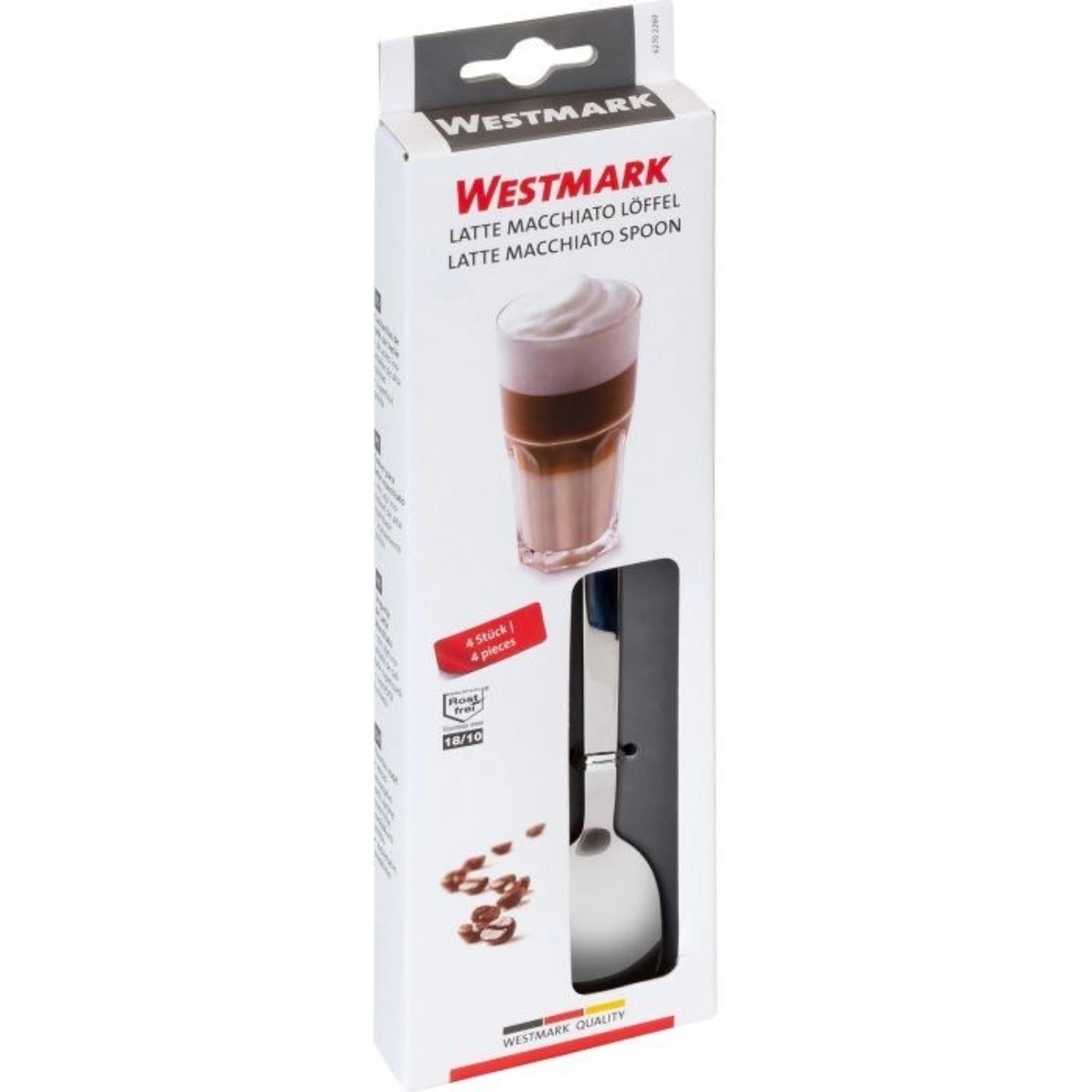 Set aus 4 hochwertigen Latte Macchiato-Löffeln aus Edelstahl 18/10 von Westmark, perfekt für eleganten Kaffeegenuss.