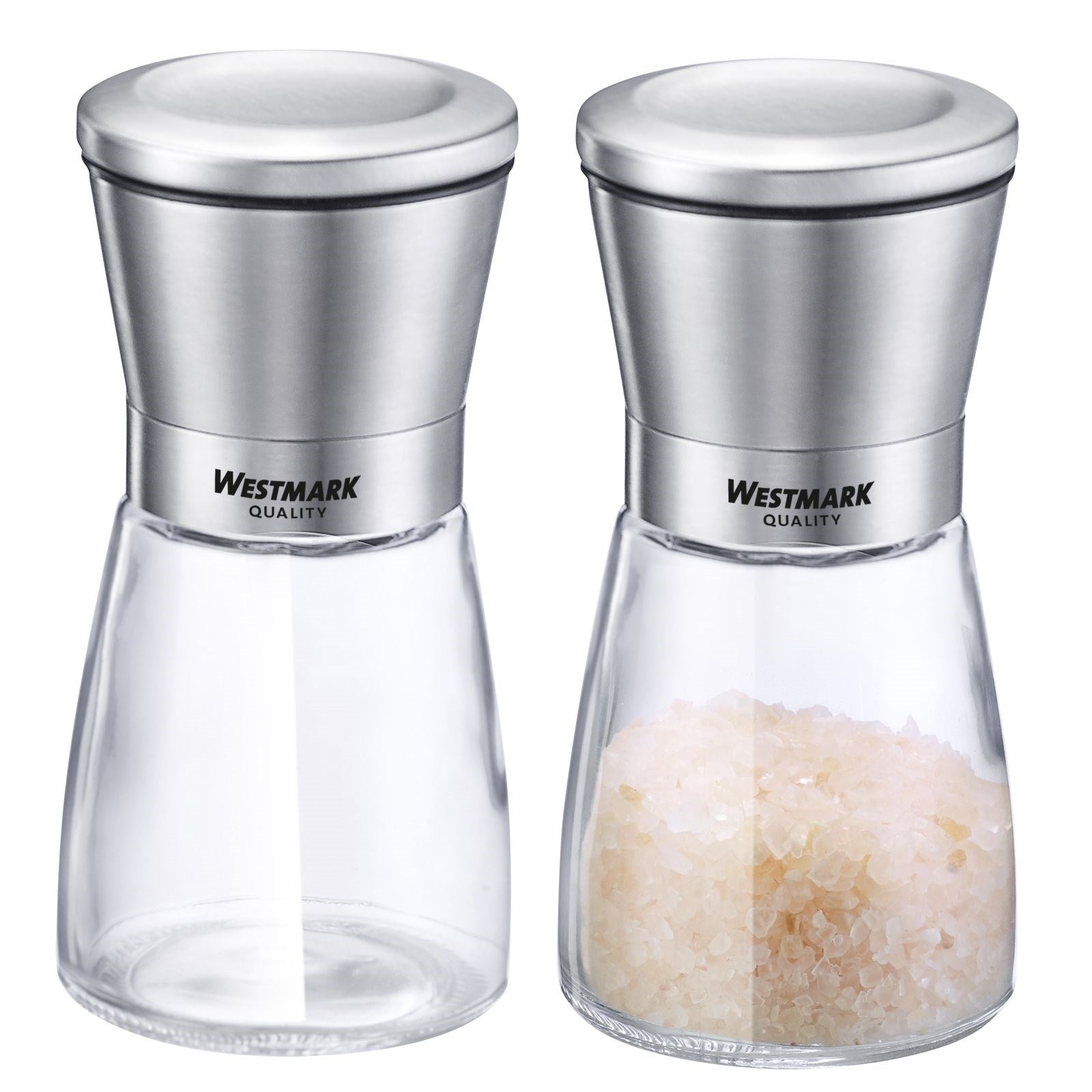 Modernes 2er-Set Gewürzmühlen aus Edelstahl von Westmark, perfekt für Salz und Pfeffer, mit langlebigem Keramikmahlwerk.