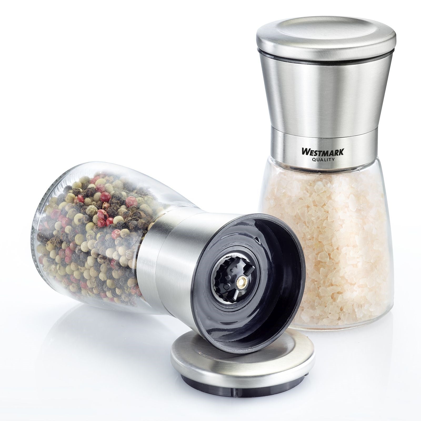 Elegantes 2er-Set Edelstahl-Gewürzmühlen von Westmark, ideal für Salz und Pfeffer, mit robustem Keramikmahlwerk.