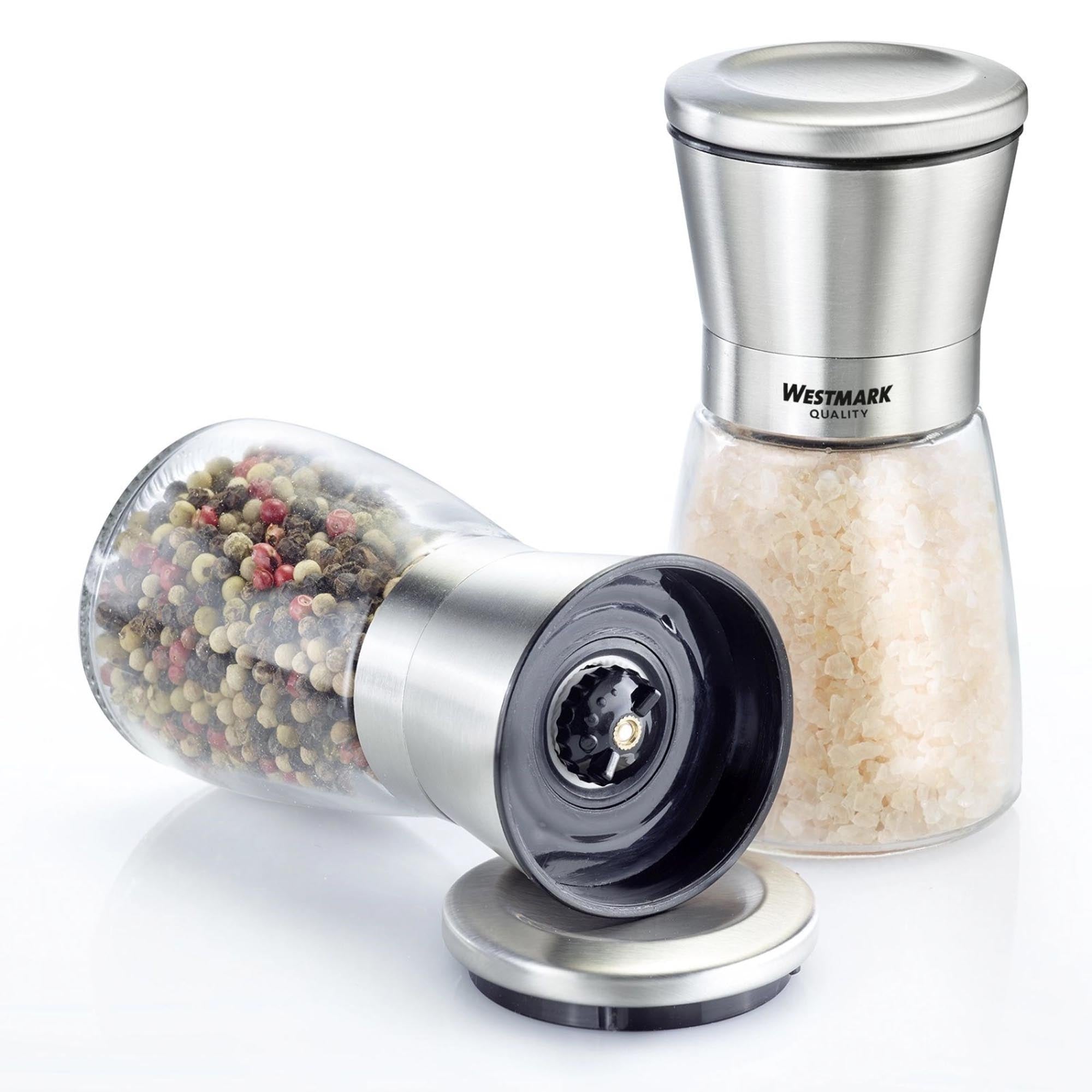 Elegantes 2er-Set Edelstahl-Gewürzmühlen von Westmark, ideal für Salz und Pfeffer, mit robustem und präzisem Keramikmahlwerk.