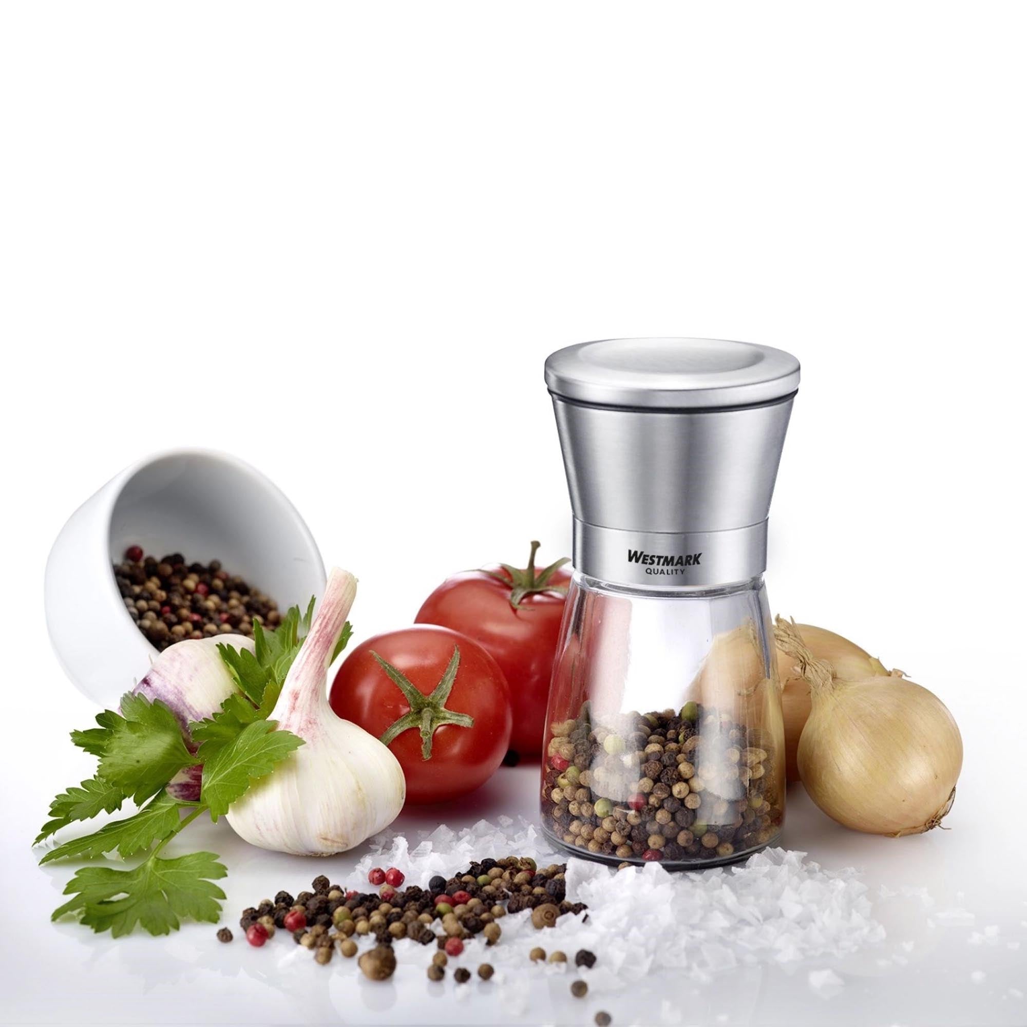 Elegantes 2er-Set Edelstahl-Gewürzmühlen von Westmark, ideal für Salz und Pfeffer, mit robustem Keramikmahlwerk.