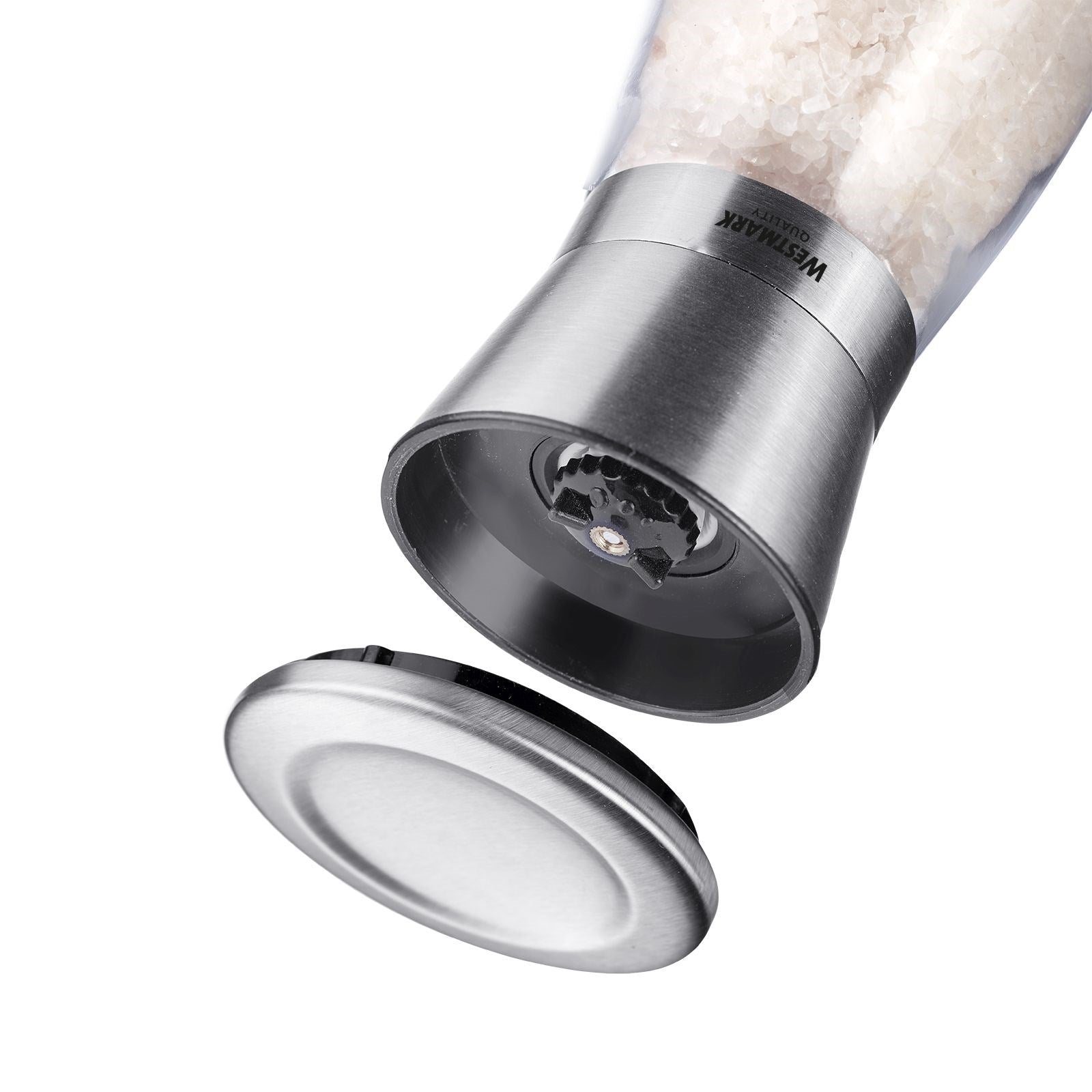 Elegante Menage mit zwei Edelstahl-Gewürzmühlen von Westmark, ideal für Salz und Pfeffer, stilvoll und funktional für jeden Tisch.