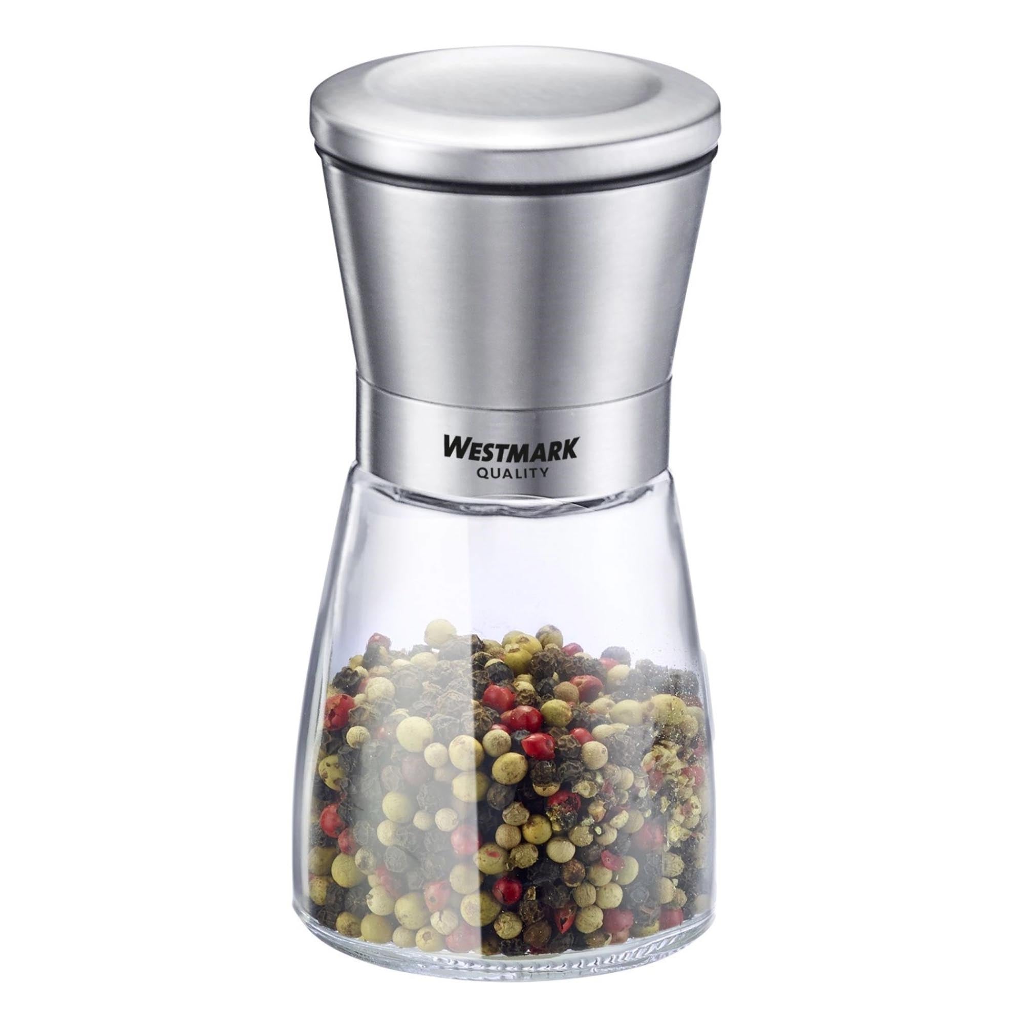 Elegante Menage mit zwei Edelstahl-Gewürzmühlen von Westmark, ideal für Salz und Pfeffer, stilvoll und funktional für jeden Tisch.