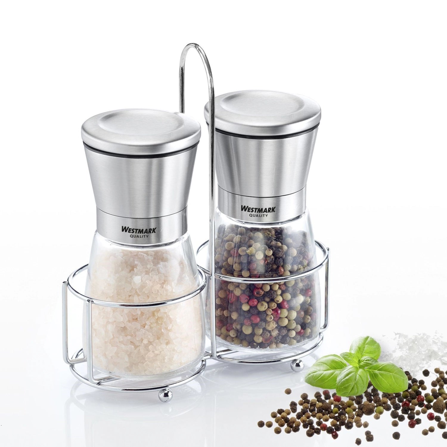 Stilvolles Menage-Set aus Edelstahl mit zwei Gewürzmühlen für Salz und Pfeffer, perfekt für die gehobene Küche und ansprechende Tischgestaltung.