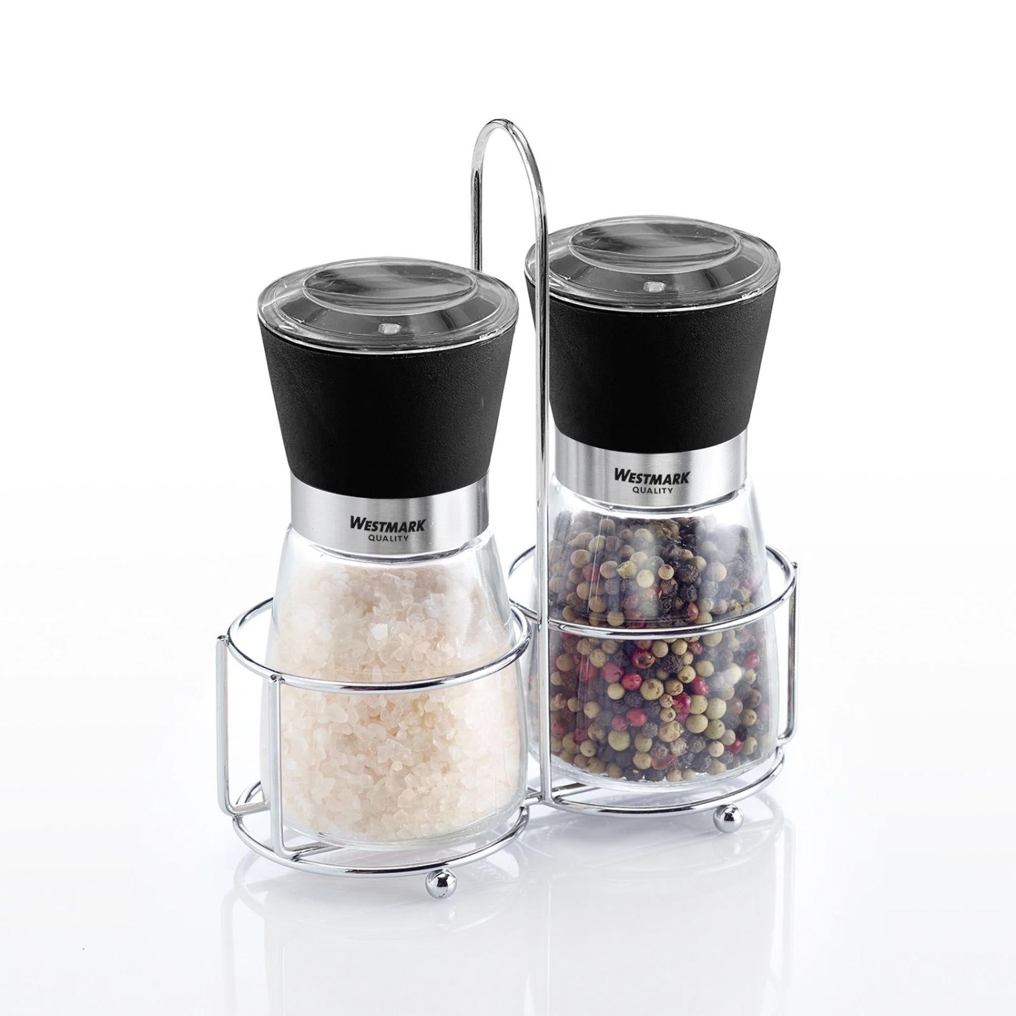 Elegantes 2er-Set Gewürzmühlen von Westmark in Schwarz, ideal für Salz und Pfeffer, modernes Design, praktisch und stilvoll.