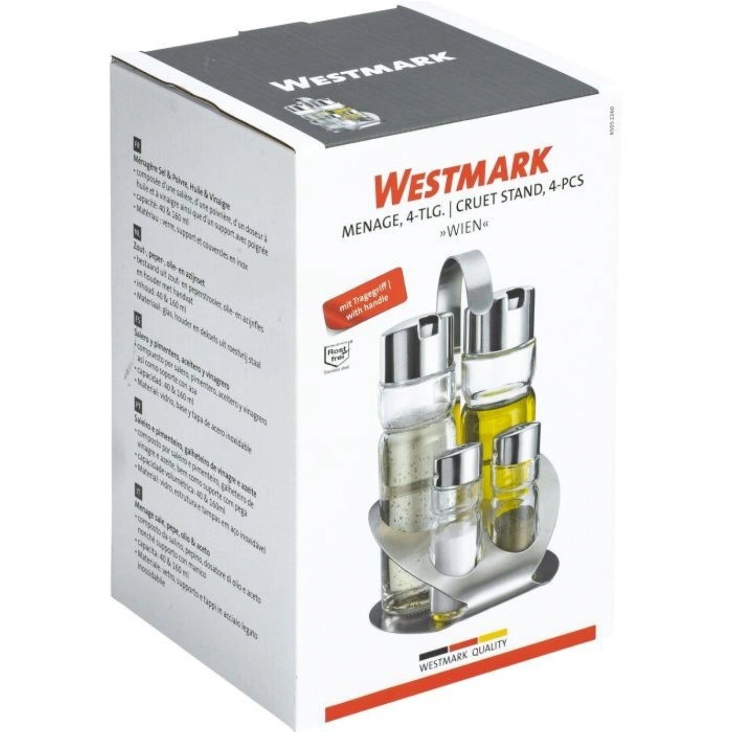 Elegantes 4-teiliges Menage-Set von Westmark, ideal für die stilvolle Aufbewahrung und Präsentation von Gewürzen und Ölen in der Küche oder beim Essen.