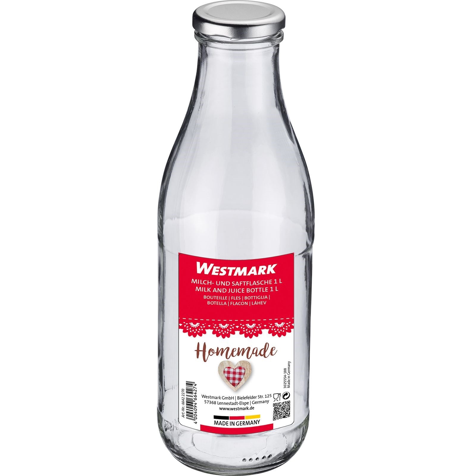 Praktische 1-Liter-Flasche von Westmark, ideal für Milch und Saft, mit rundem Design, perfekt für den täglichen Gebrauch.