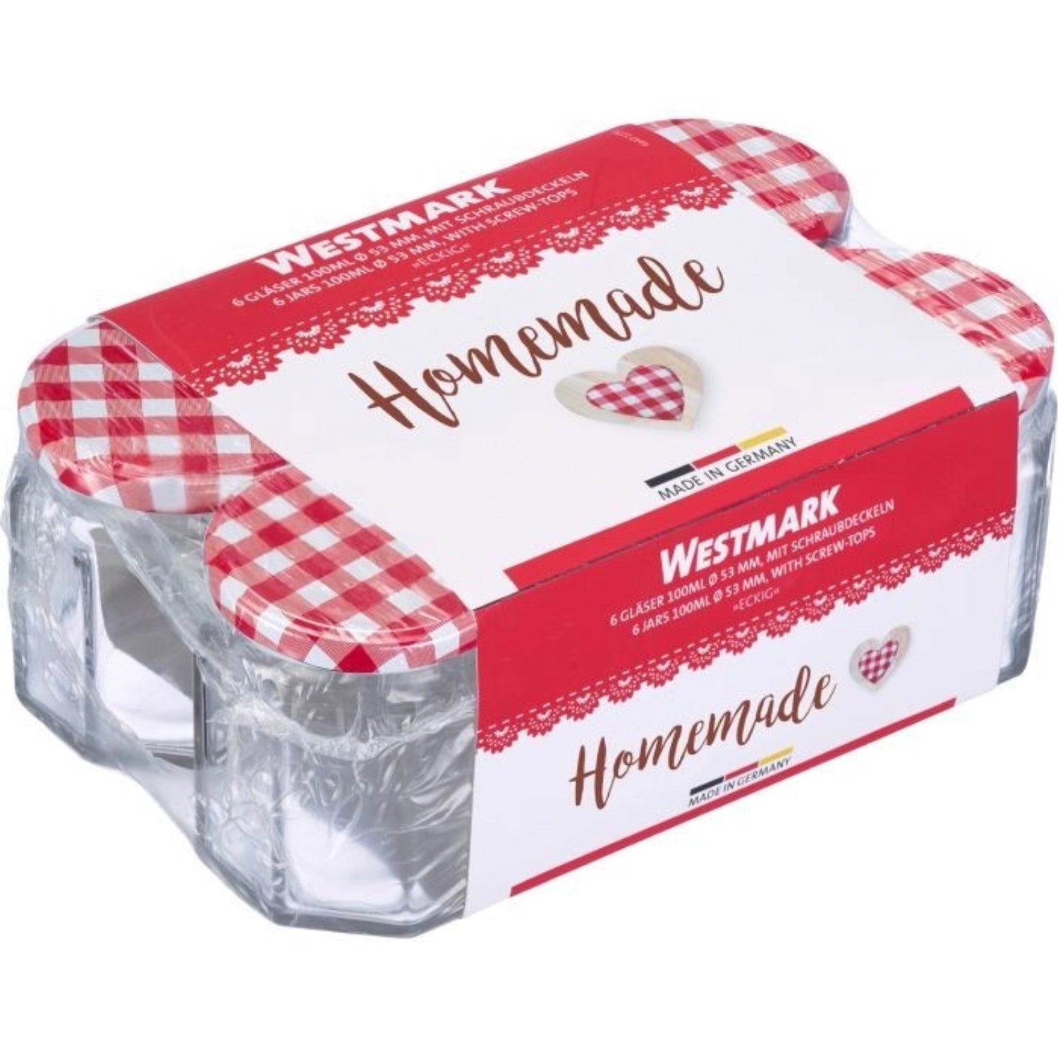 Elegantes 6er Set eckiger 100ml Gläser von Westmark, perfekt für kreative Aufbewahrungslösungen und stilvolle Präsentation von Lebensmitteln.