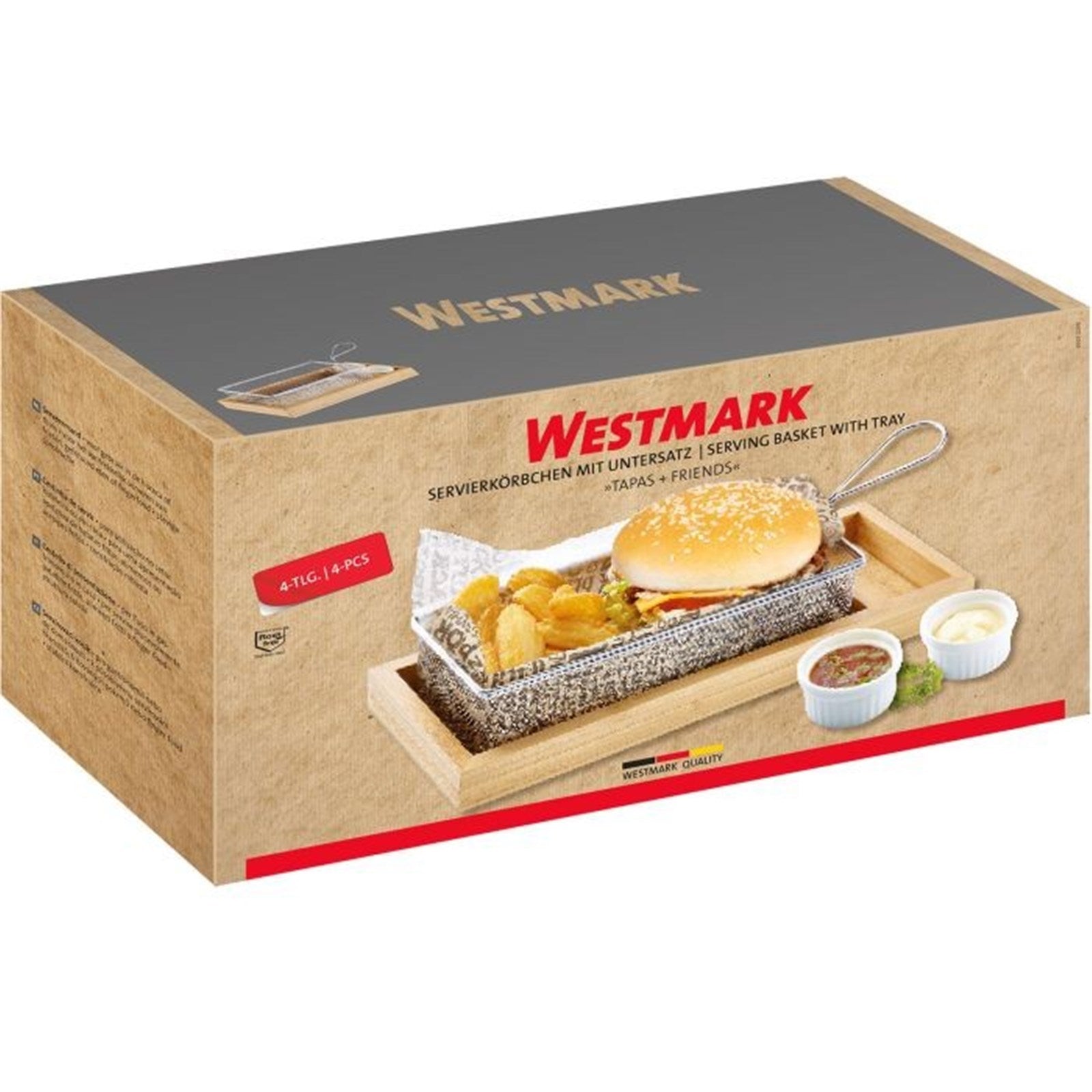 Elegantes 4-teiliges Servierset von Westmark mit Bambus-Tray und Schälchen, ideal für Tapas, Snacks und stilvolles Präsentieren.