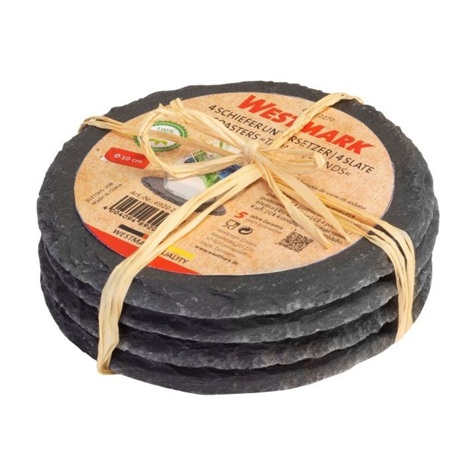 4 runde Naturschiefer-Untersetzer (Ø 10 cm) von Westmark, ideal zum Schutz von Oberflächen und für eine stilvolle Tischdekoration.