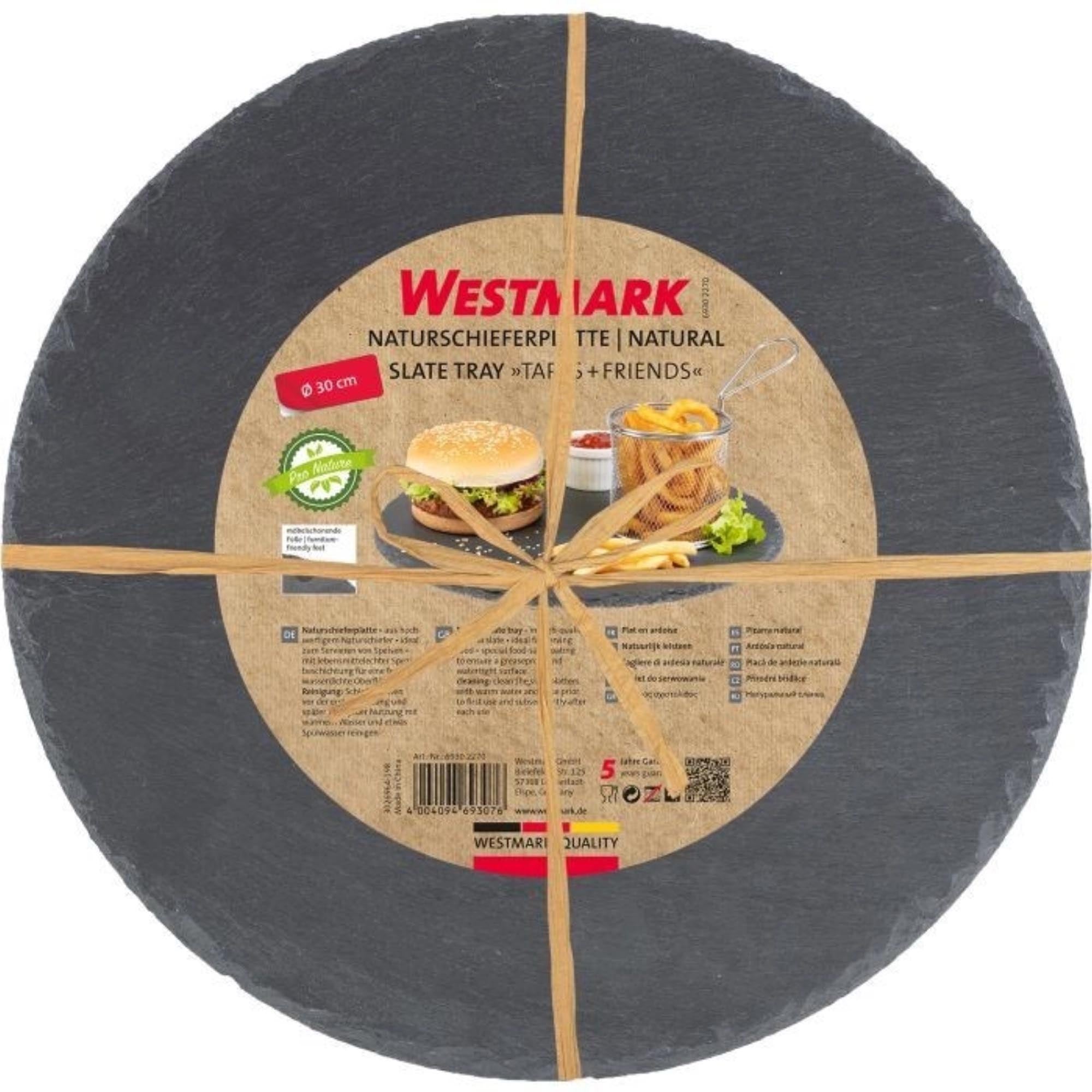 Runde Schieferplatte aus Naturmaterial, 30 cm, perfekt für stilvolles Servieren von Tapas und Snacks, robust und elegant.