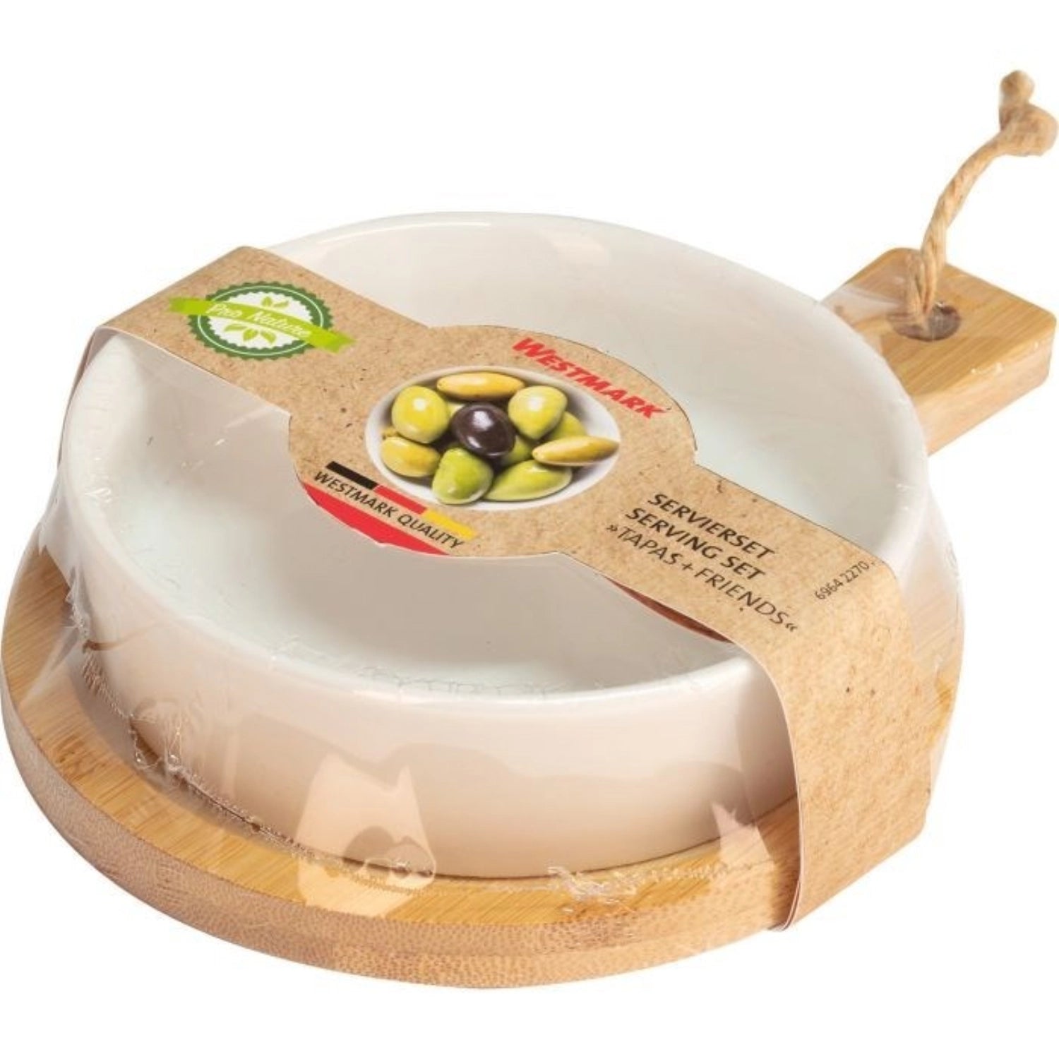 Elegantes Keramikschälchen "Tapas u. Friends" auf einem robusten Bambusuntersetzer, Durchmesser 11 cm, perfekt für gesellige Tapas-Abende.