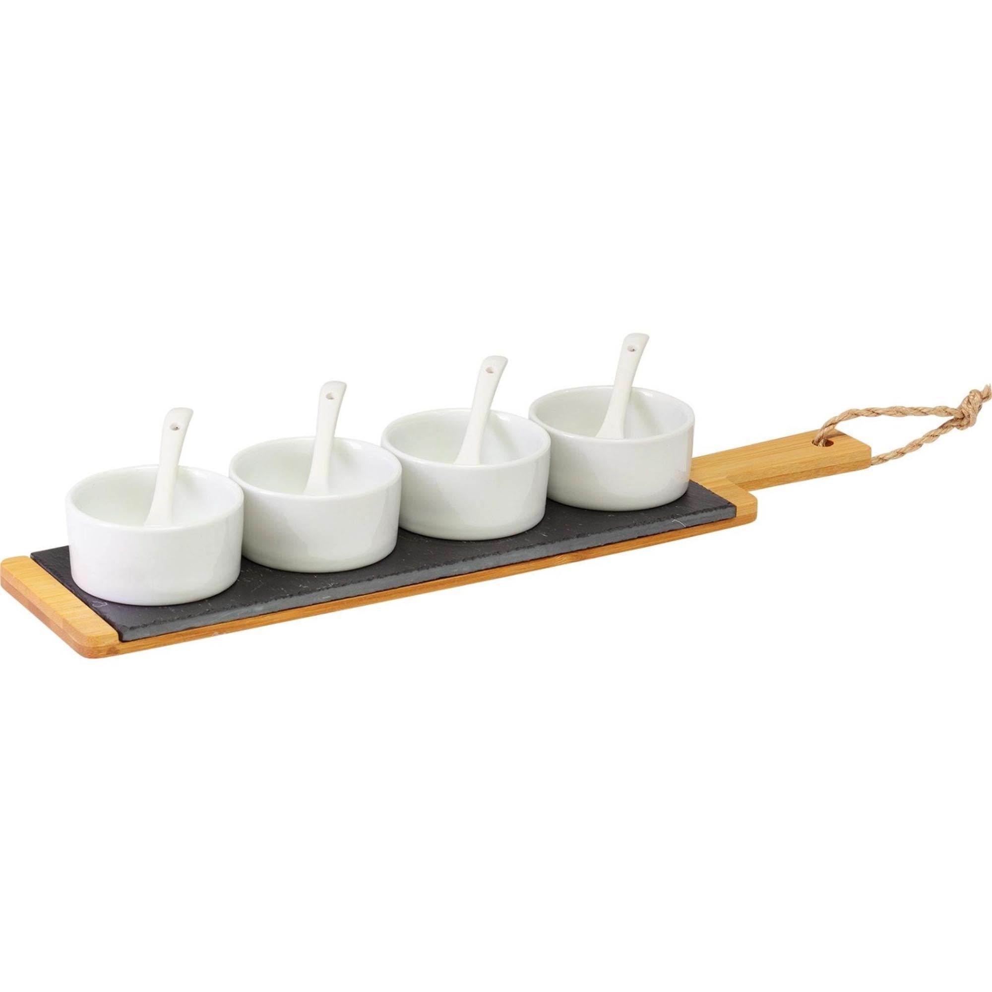 Entdecken Sie das stilvolle 9-tlg. Servierset Tapas u. Friends von Westmark: elegante Schieferplatte, hochwertige Keramikschälchen und praktische Bambusuntersetzer.