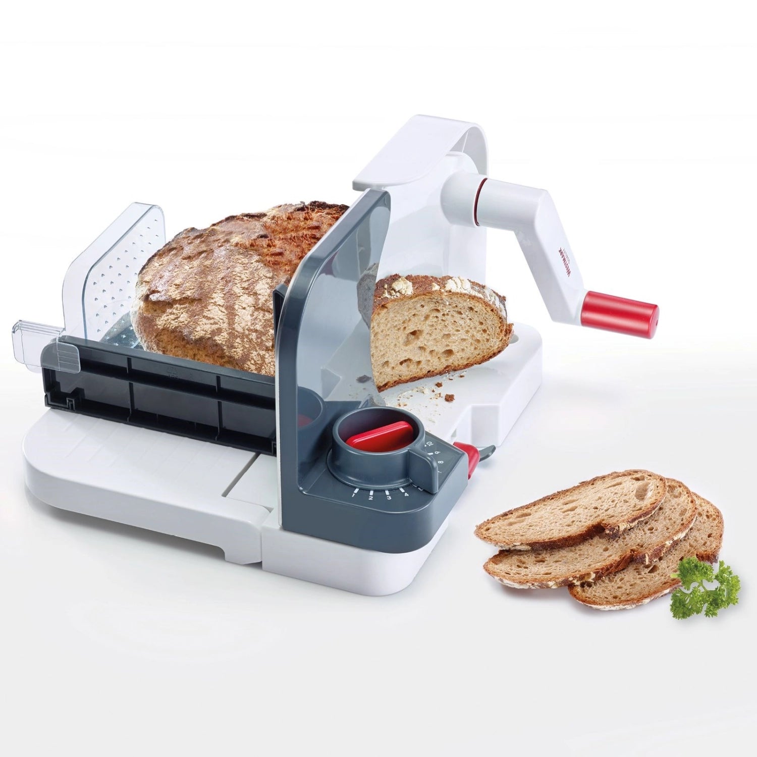 Kompakter Allesschneider von Westmark, perfekt für gleichmäßiges Schneiden von Wurst, Käse und Gemüse. Effizient und leicht zu bedienen.