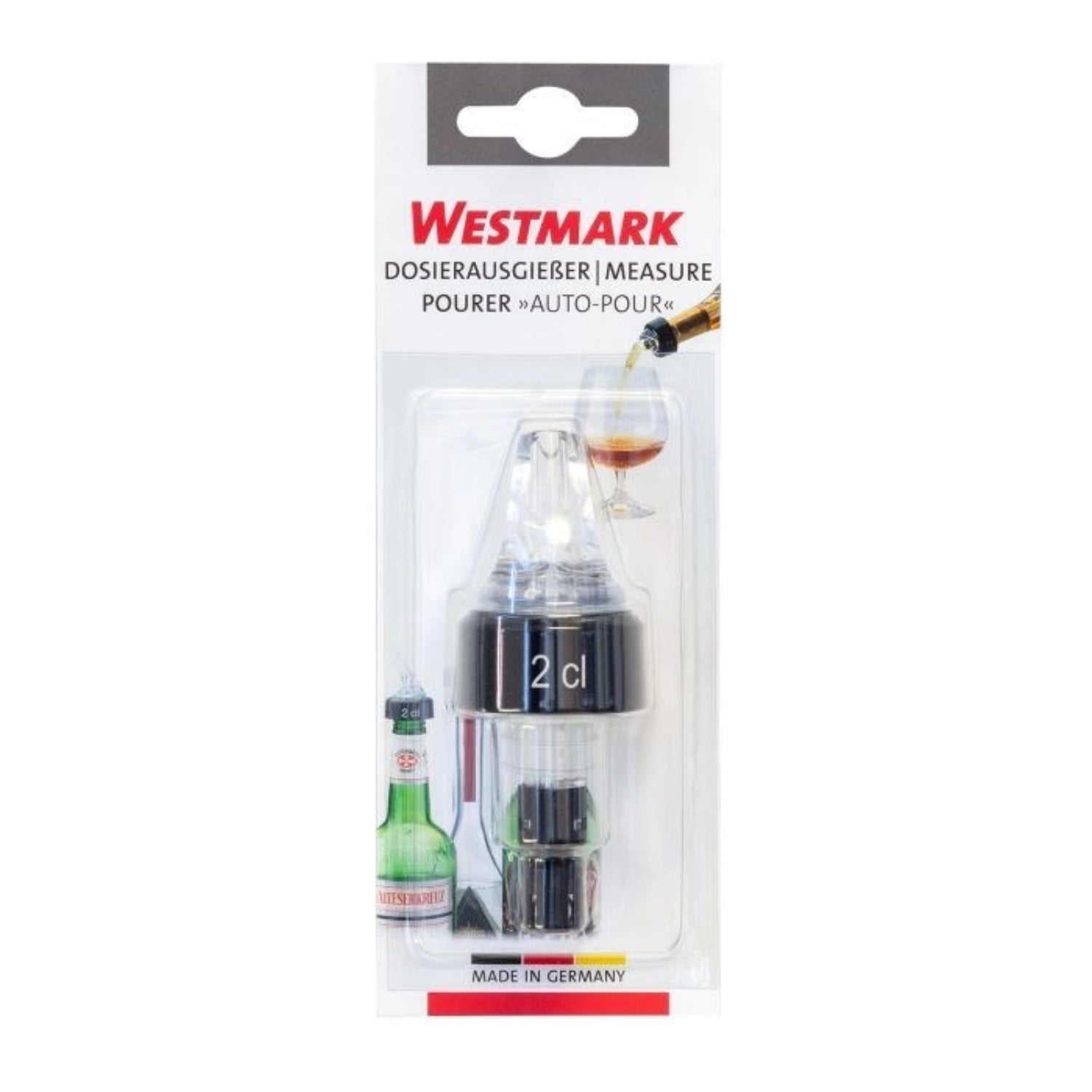 Transparenter Dosierausgiesser Auto-Pour von Westmark, ideal für präzises Ausgießen von Flüssigkeiten in der Küche und Gastronomie.