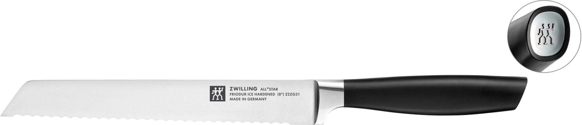 Entdecken Sie das All Star Brotmesser 200 chrome-silber von Zwilling Kitchen. Ideal für perfektes Schneiden von Brot, Brötchen und Baguettes dank hohem Wellenschliff.