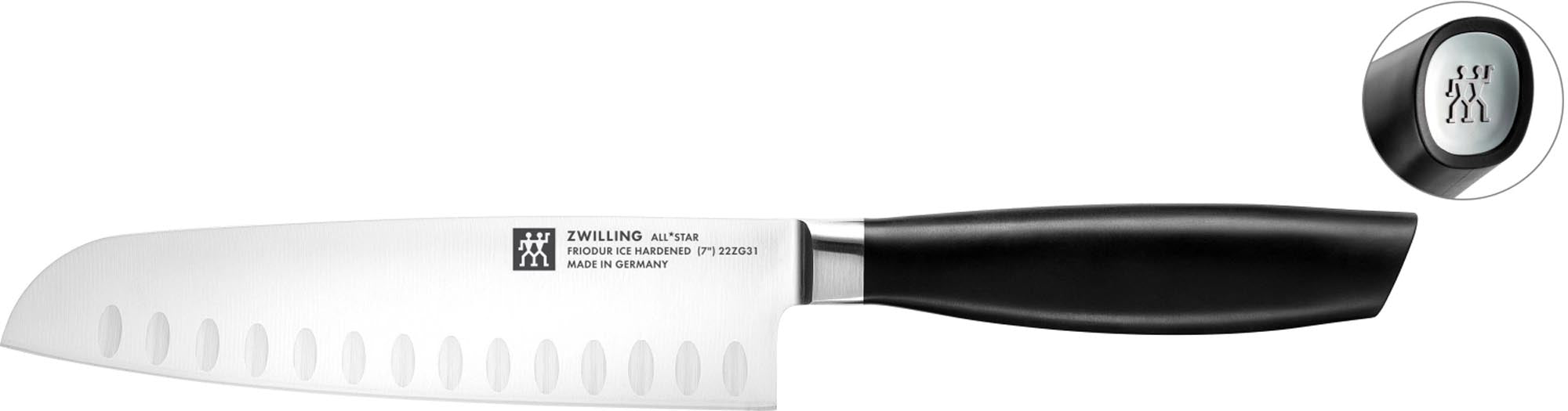 Entdecken Sie das All Star Santoku-Messer mit Kullenschliff von Zwilling Kitchen. Ideal zum Schneiden von Fisch, Fleisch und Gemüse.