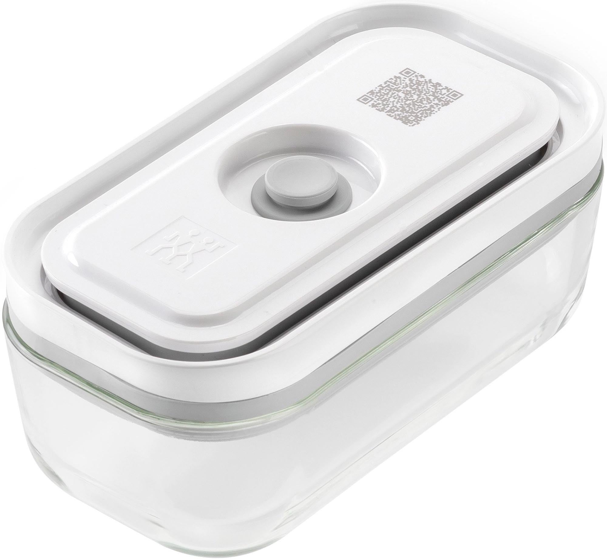 Entdecken Sie die Vakuumbox S von Zwilling: 15,5x8,5x7 cm, 0,35L, aus Borosilikatglas. Ideal für frische Lebensmittel, Snacks und Meal Prep.