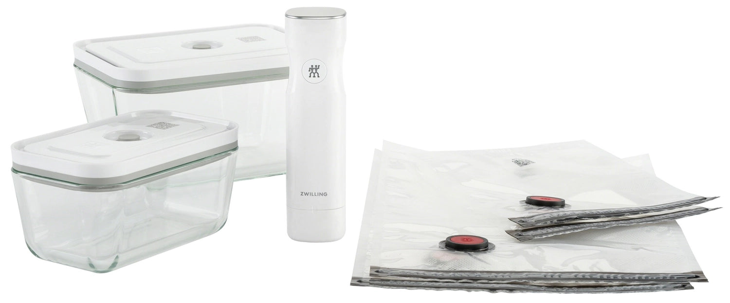 Entdecken Sie das Zwilling Vakuum Starterset, 7-tlg, aus Glas. Ideal für frische Lebensmittel, mit innovativer Vakuumtechnologie für längere Haltbarkeit.