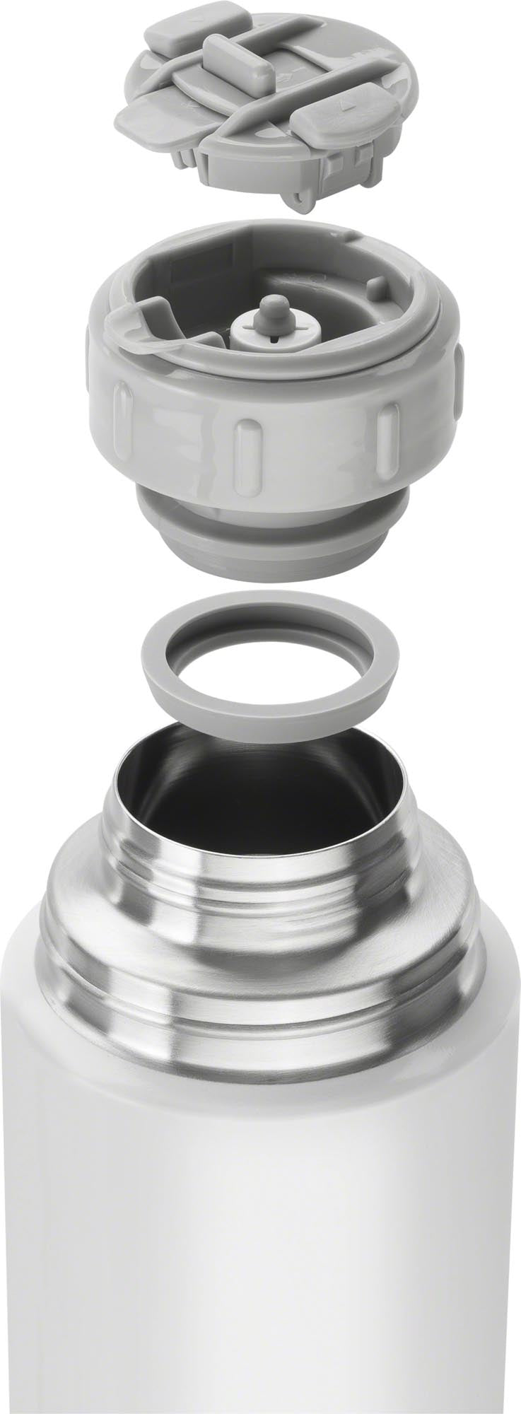 Hochwertige 1.000 ml Thermo-Vakuum-Flasche von Zwilling Kitchen in stilvollem Silber-Weiss. Ideal für heiße und kalte Getränke, langlebig und pflegeleicht.