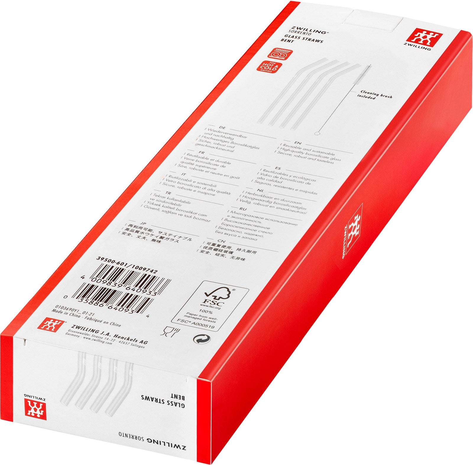 Stilvolle, gebogene Glasstrohhalme im 4er Set von Zwilling. Ideal für Cocktails und Smoothies, inklusive Bürste für mühelose Reinigung.