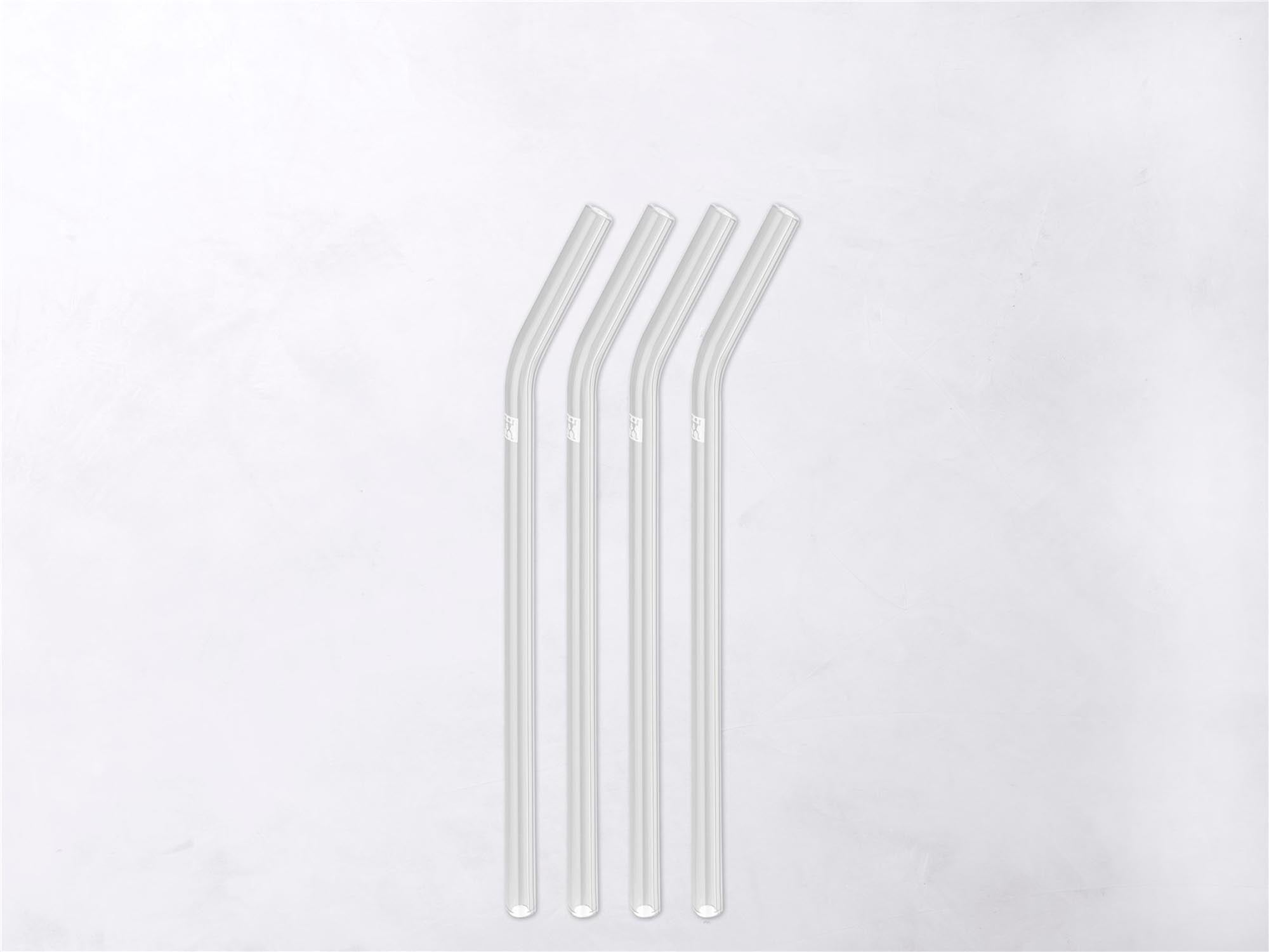 Transparente, gebogene Glasstrohhalme im 4er Set (23cm, Ø9mm) mit praktischer Bürste, ideal für umweltfreundliches Trinken.