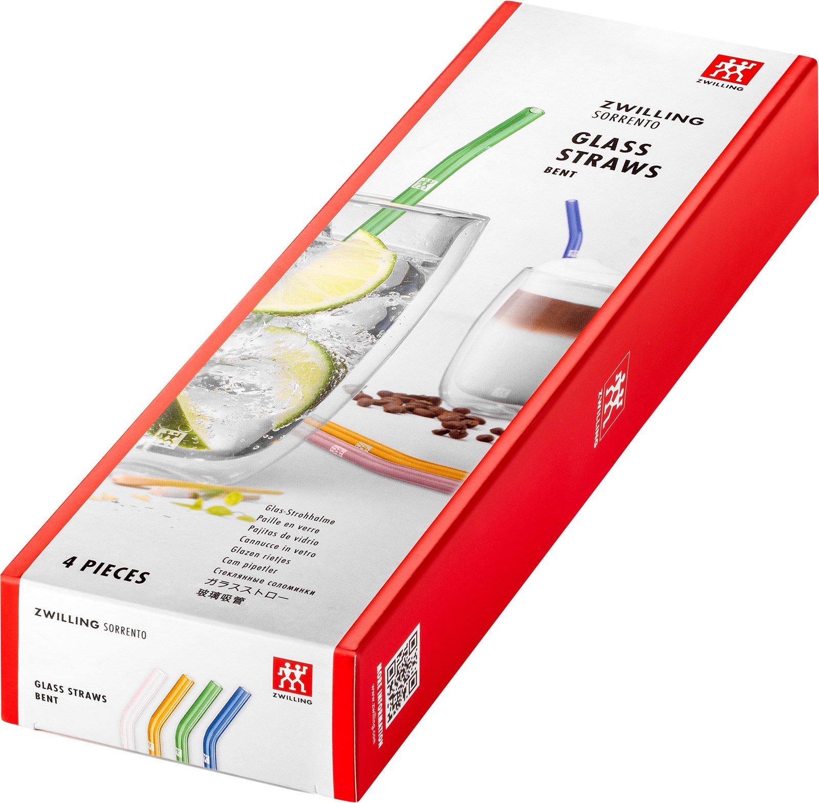 Farbenfrohe, gebogene Glas-Strohhalme im 4er Set von Zwilling – ideal für Cocktails und umweltfreundlich. Inkl. Reinigungsbürste für einfache Pflege.