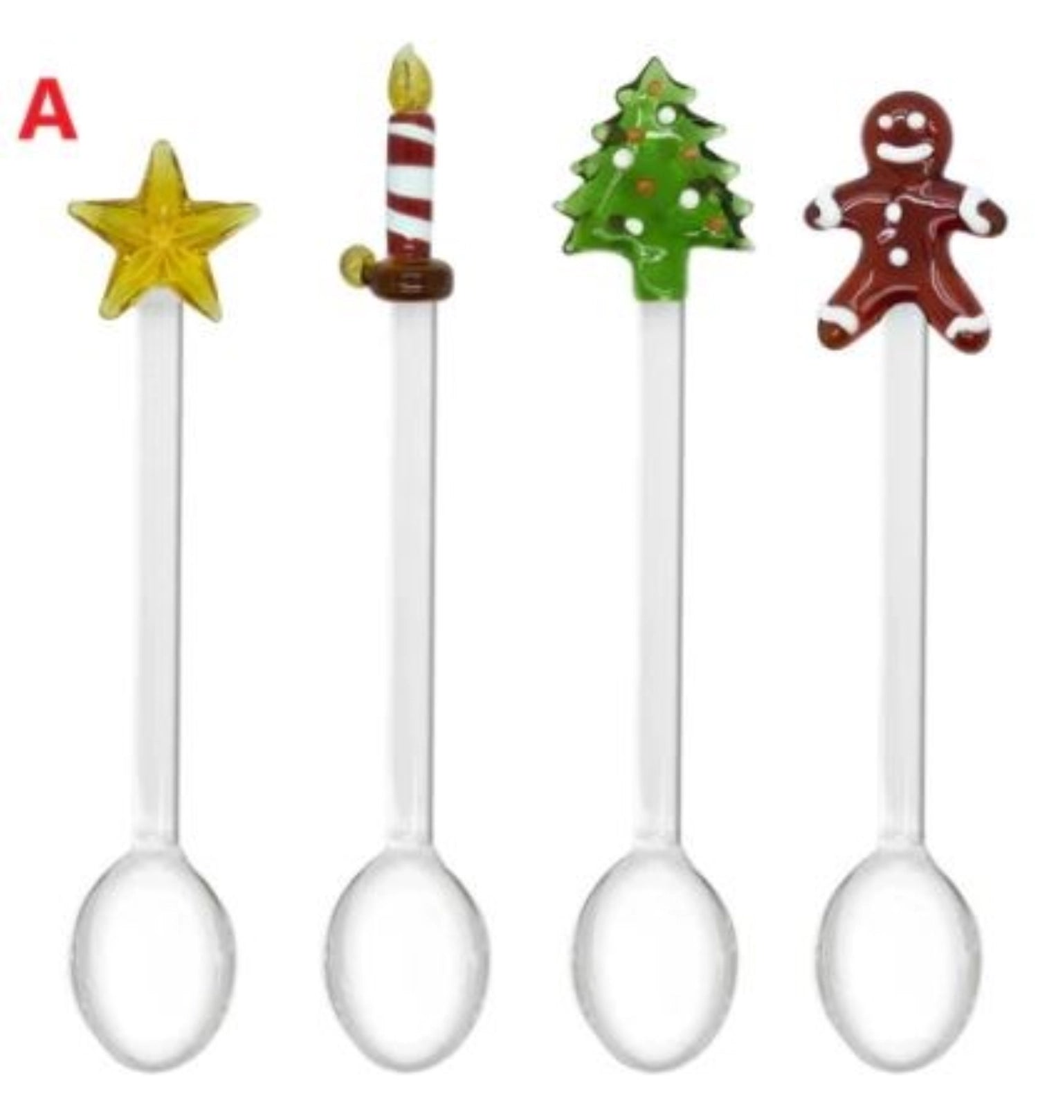 Elegantes 4er Set Teelöffel aus Glas mit festlichen Weihnachtsmotiven, perfekt für die festliche Tafel und besondere Anlässe.
