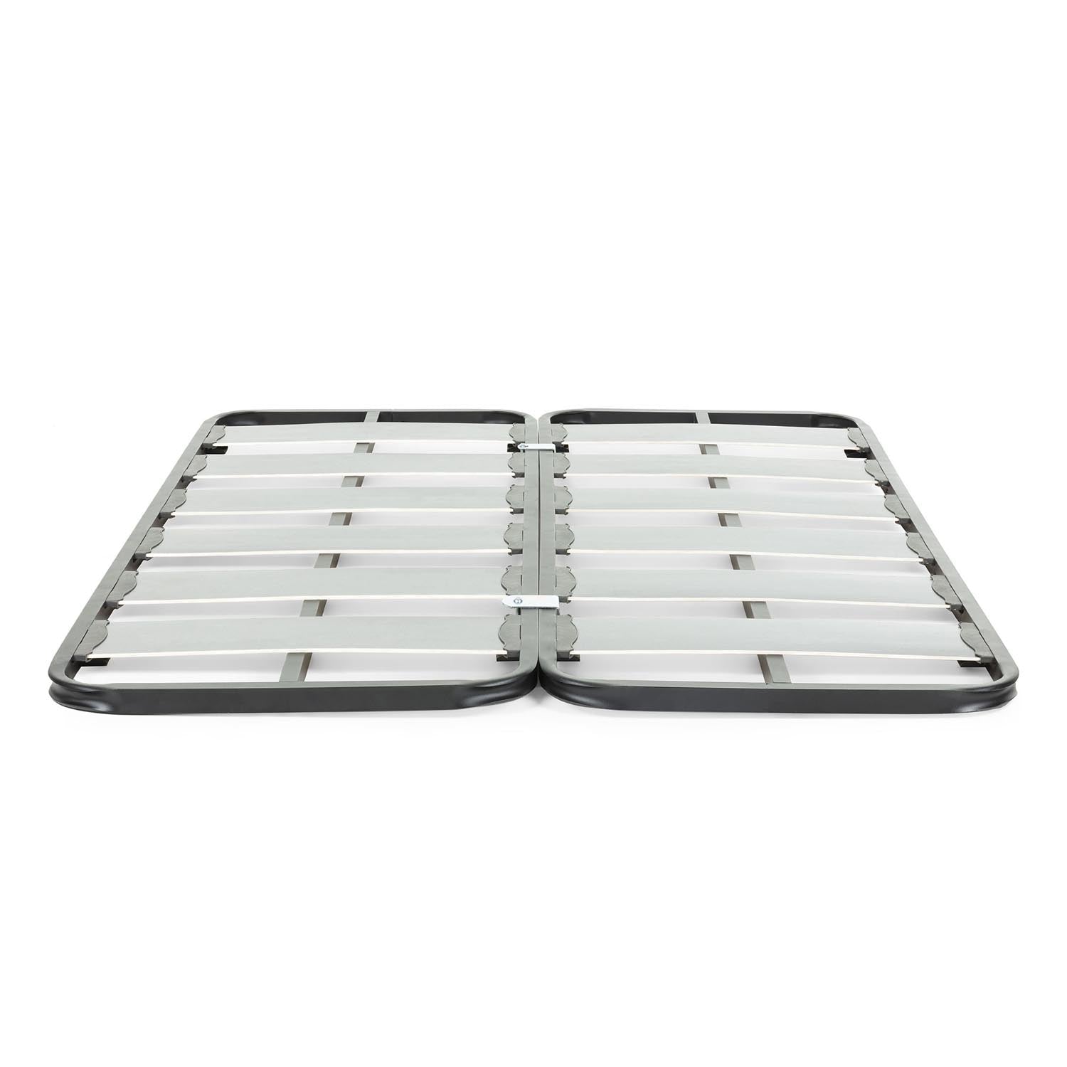 Elegantes Bettgestell aus Stahl und Sperrholz, graphitfarben, mit leisen Verbindungen für ruhigen Schlaf.