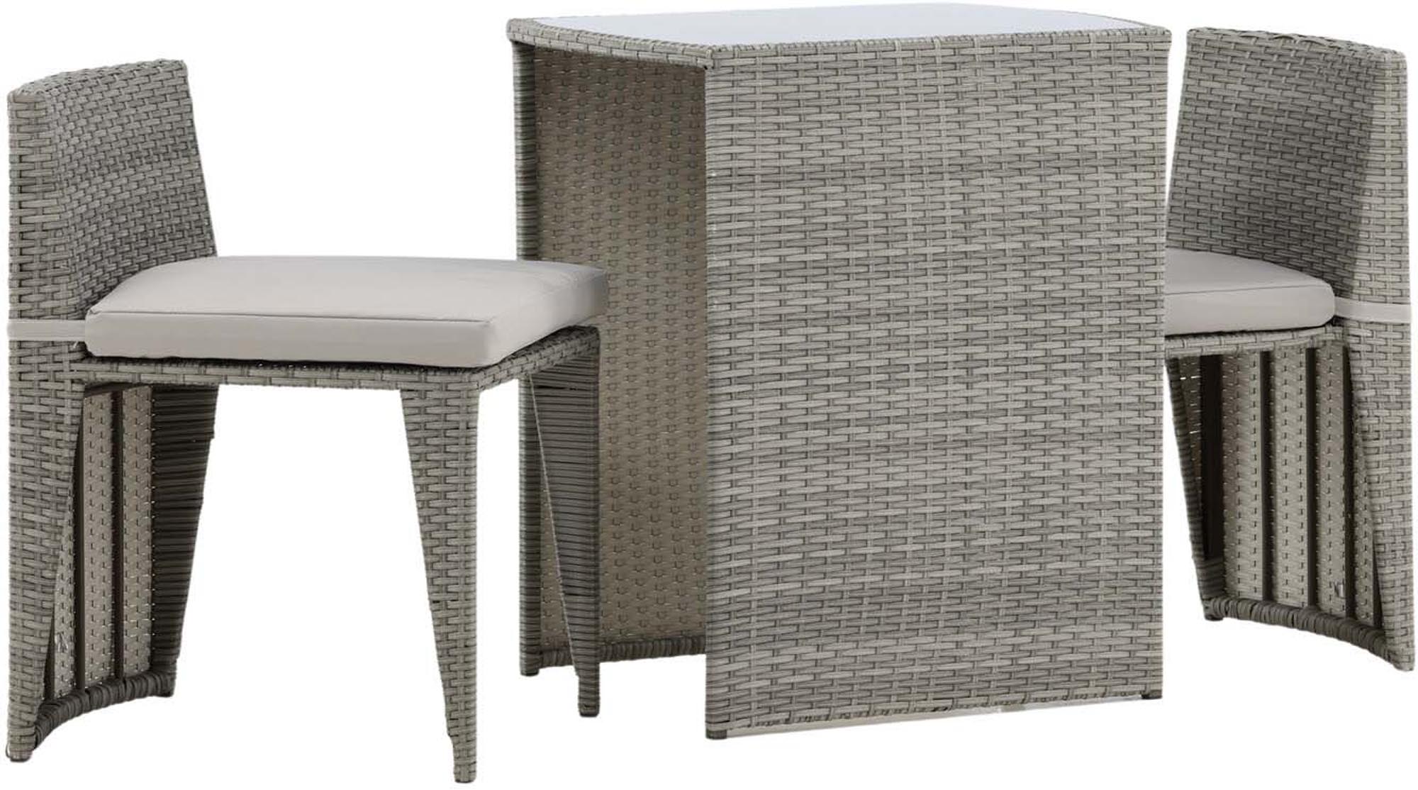 Elegantes Savanna Café Outdoorset: 66 cm Tisch und 2 Stühle aus hochwertigem Kunstrattan für stilvolle Momente im Freien.