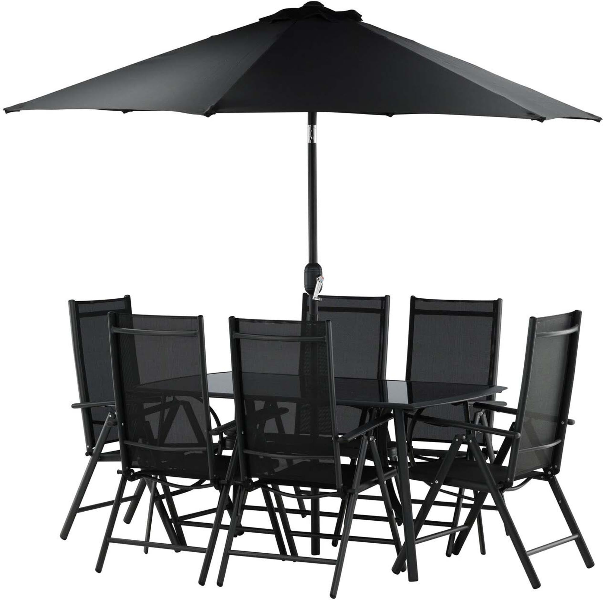 Stilvolles Brecky Outdoor-Tischset: 150cm, für 6 Personen, mit Sonnenschirm. Perfekt für gesellige Stunden im Freien.