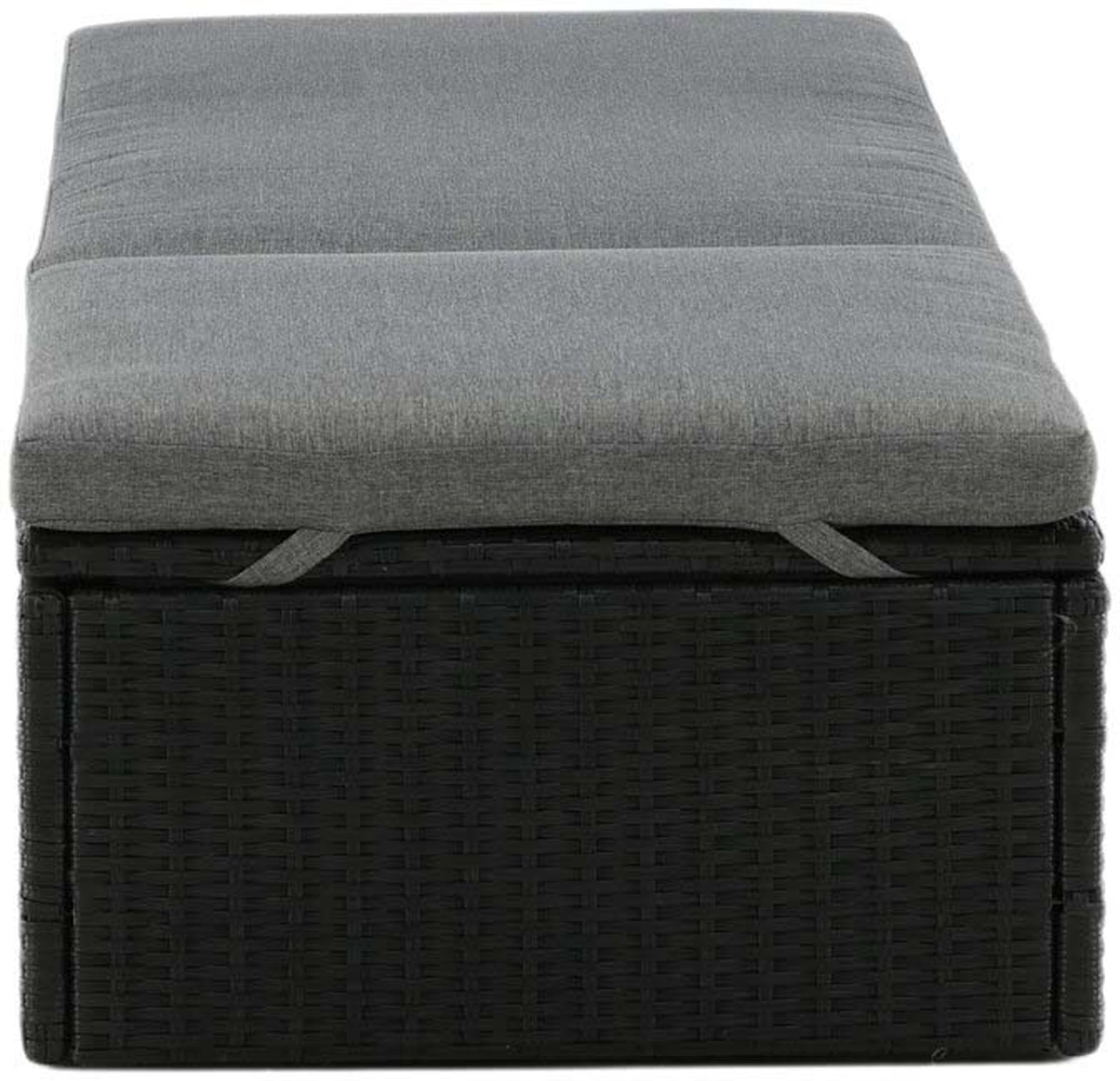 Luxuriöse Quad Sonnenlounge aus wetterfestem Kunstrattan, mit verstellbarer Lehne und grauem Kissen für ultimativen Komfort.