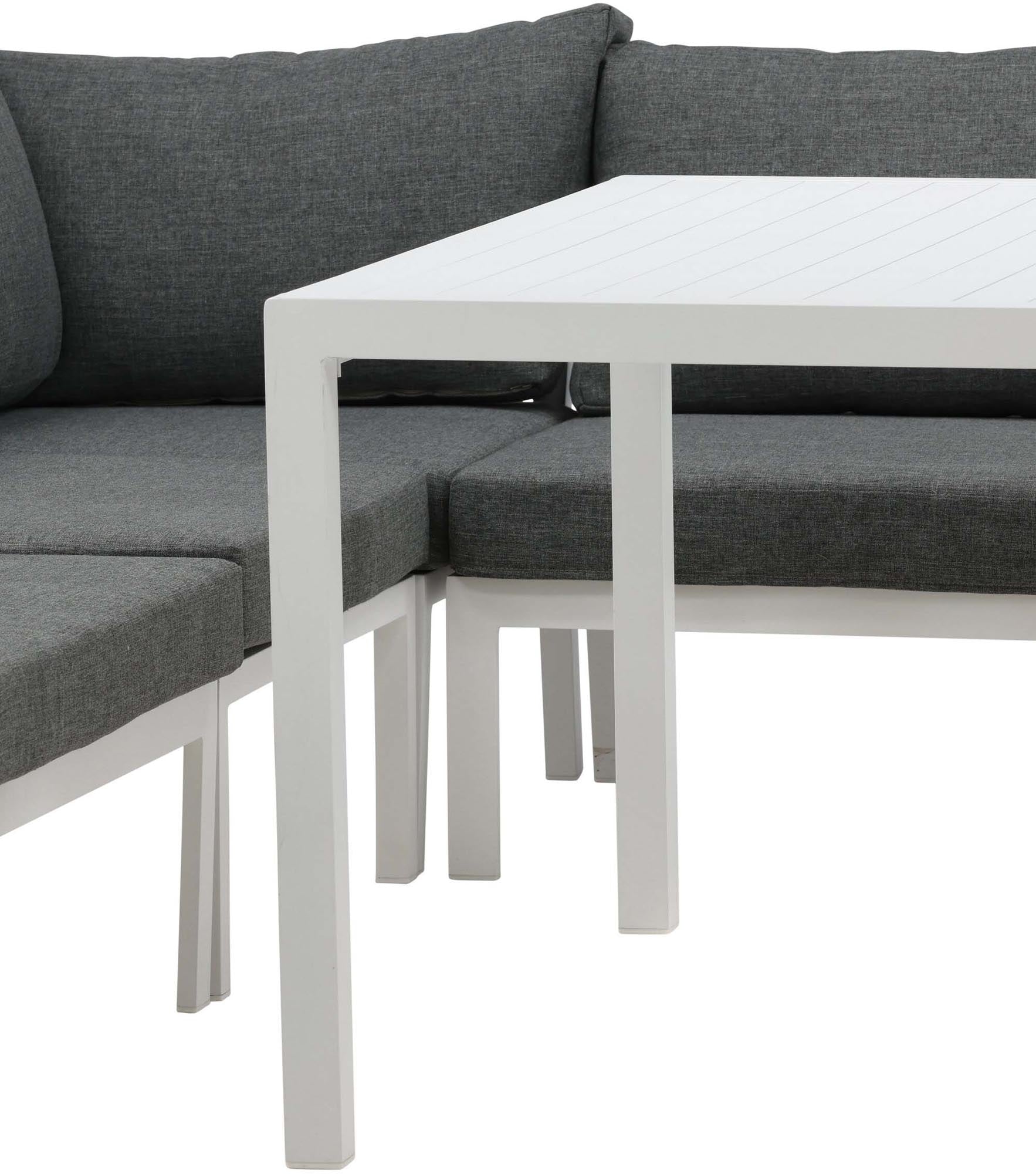 Ramos Ecksofa Outdoorset 140cm: Elegantes Loungeset aus wetterfestem Aluminium mit bequemen, wasserabweisenden Kissen für entspannte Stunden im Freien.