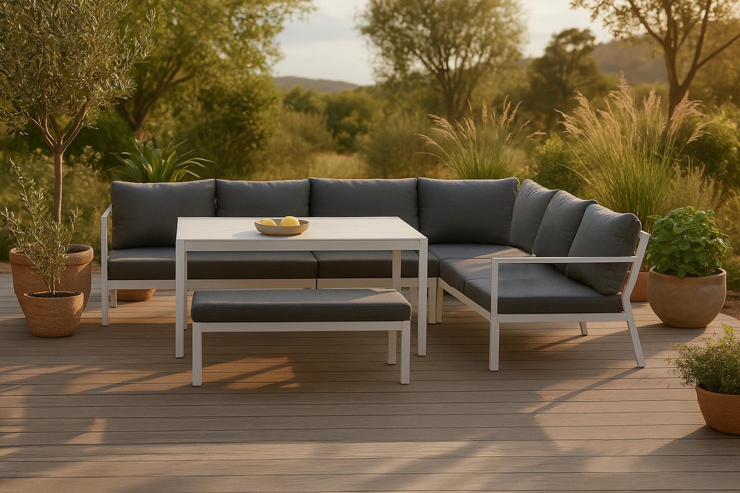 Genießen Sie Komfort und Eleganz im Freien mit dem Ramos Ecksofa Outdoorset 140cm von Venture Home – ideal für entspannte Stunden auf Ihrer Veranda.