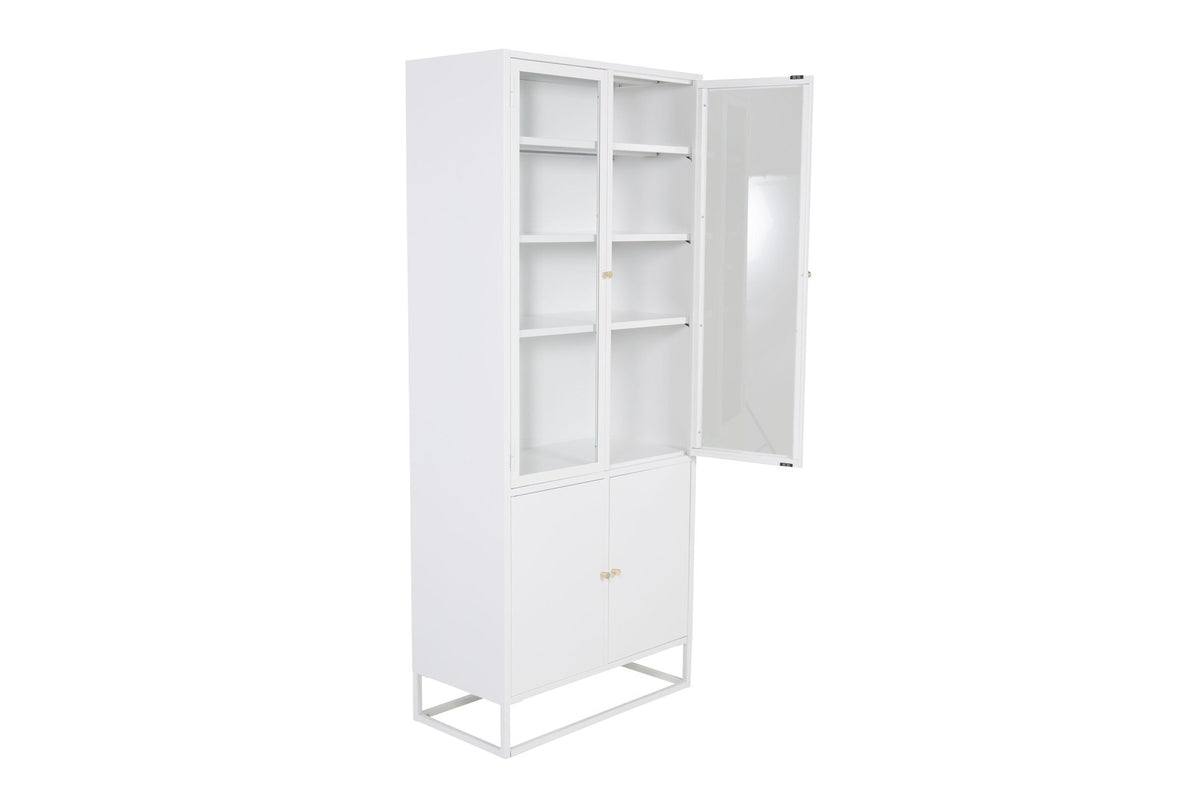 Bakal Cabinet von Venture Home, weisser Schrank aus Stahl mit zwei Glastüren oben und zwei geschlossenen Türen unten.