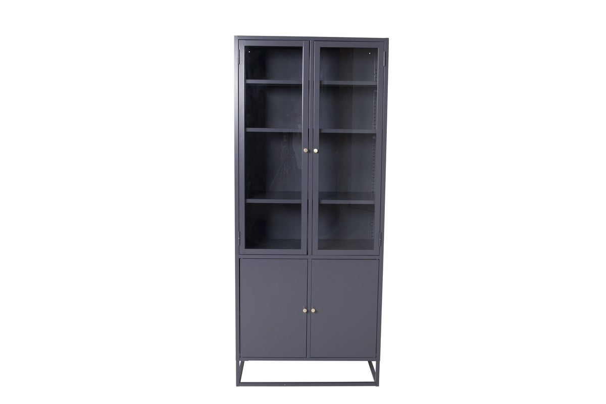Bakal Cabinet von Venture Home, weisser Schrank aus Stahl mit zwei Glastüren oben und zwei geschlossenen Türen unten.