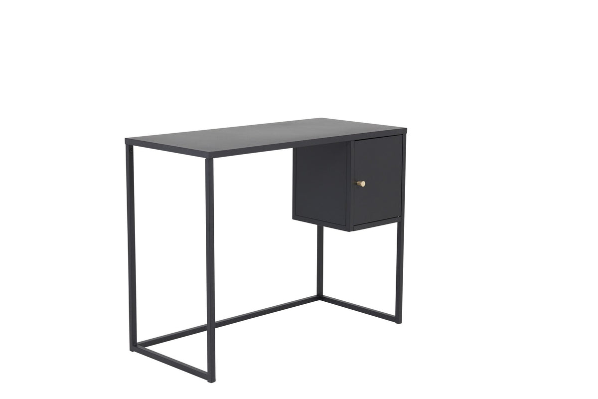Schwarzer Schreibtisch Bakal Desk aus Stahl mit seitlichem quadratischem Schrank, Tür mit messingfarbenem Knauf und oberer Ablagefläche.
