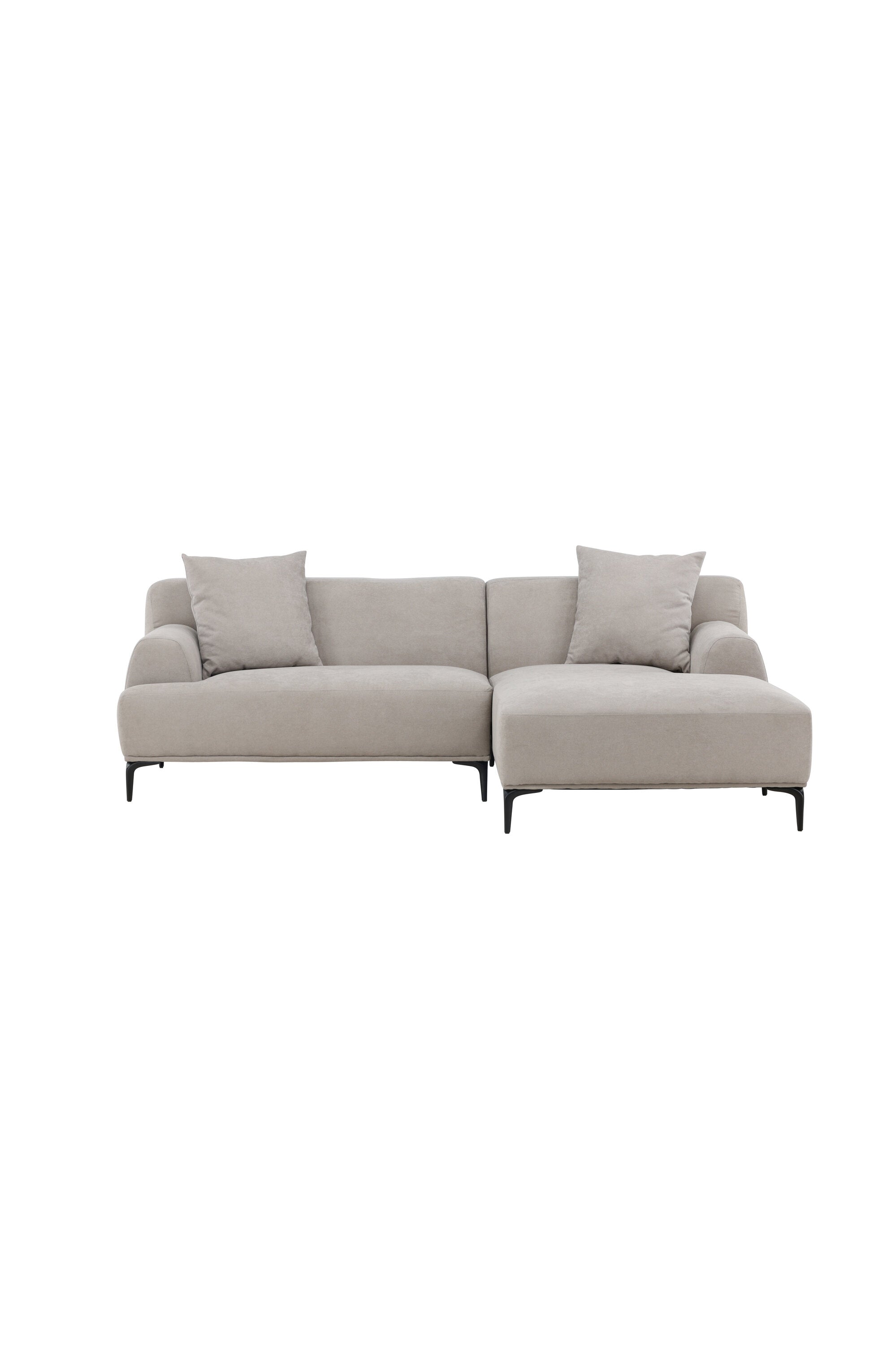 Modernes, graues 3-Sitzer-Sofa mit Diwan, robustem Polyesterstoff, schlanken Metallbeinen und inkl. Kissen.