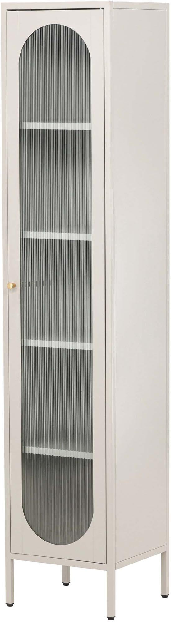 Der Cali Kabinett von Venture Home: Stilvolles Design, robuste Stahlkonstruktion, beige Farbgebung, gewelltes Glas, vielseitiger Stauraum.