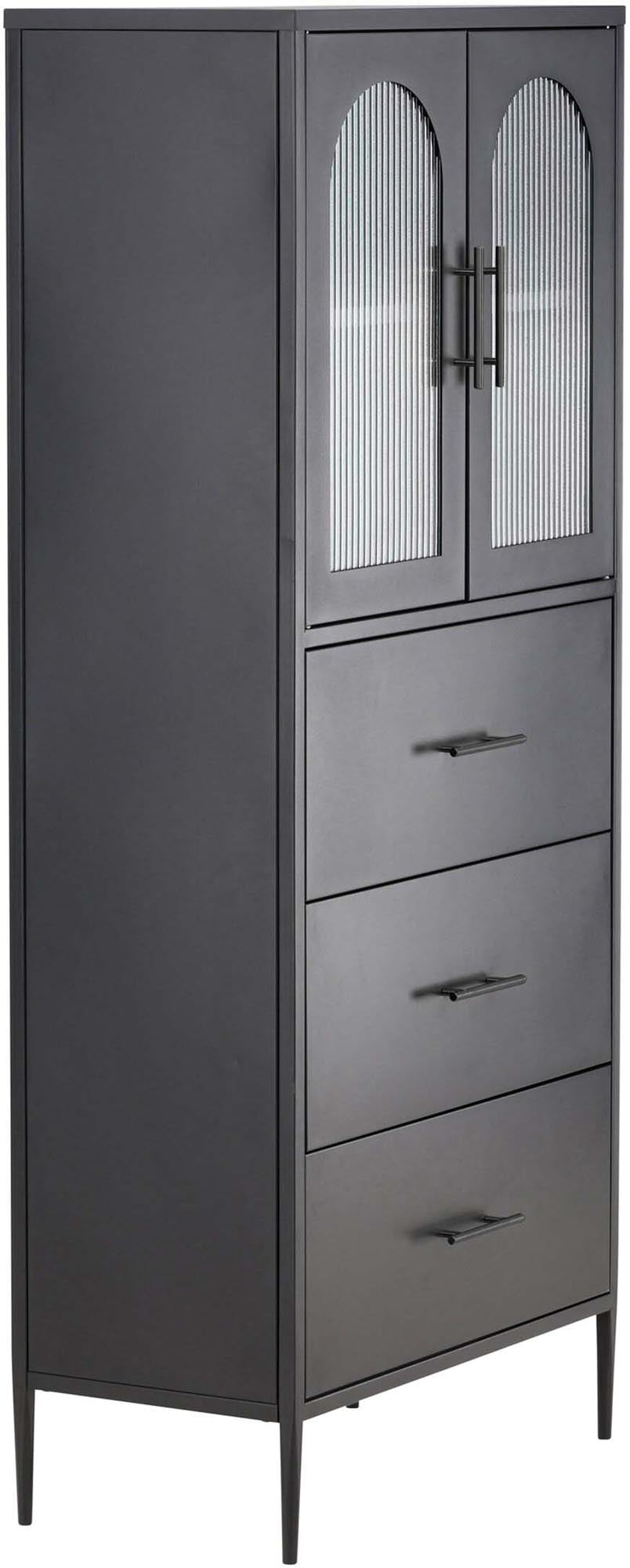 Kabinett La Paz: Eleganter Aufbewahrungsschrank in Schwarz mit Glasfront und luxuriösen Messinggriffen für stilvolle Ordnung.