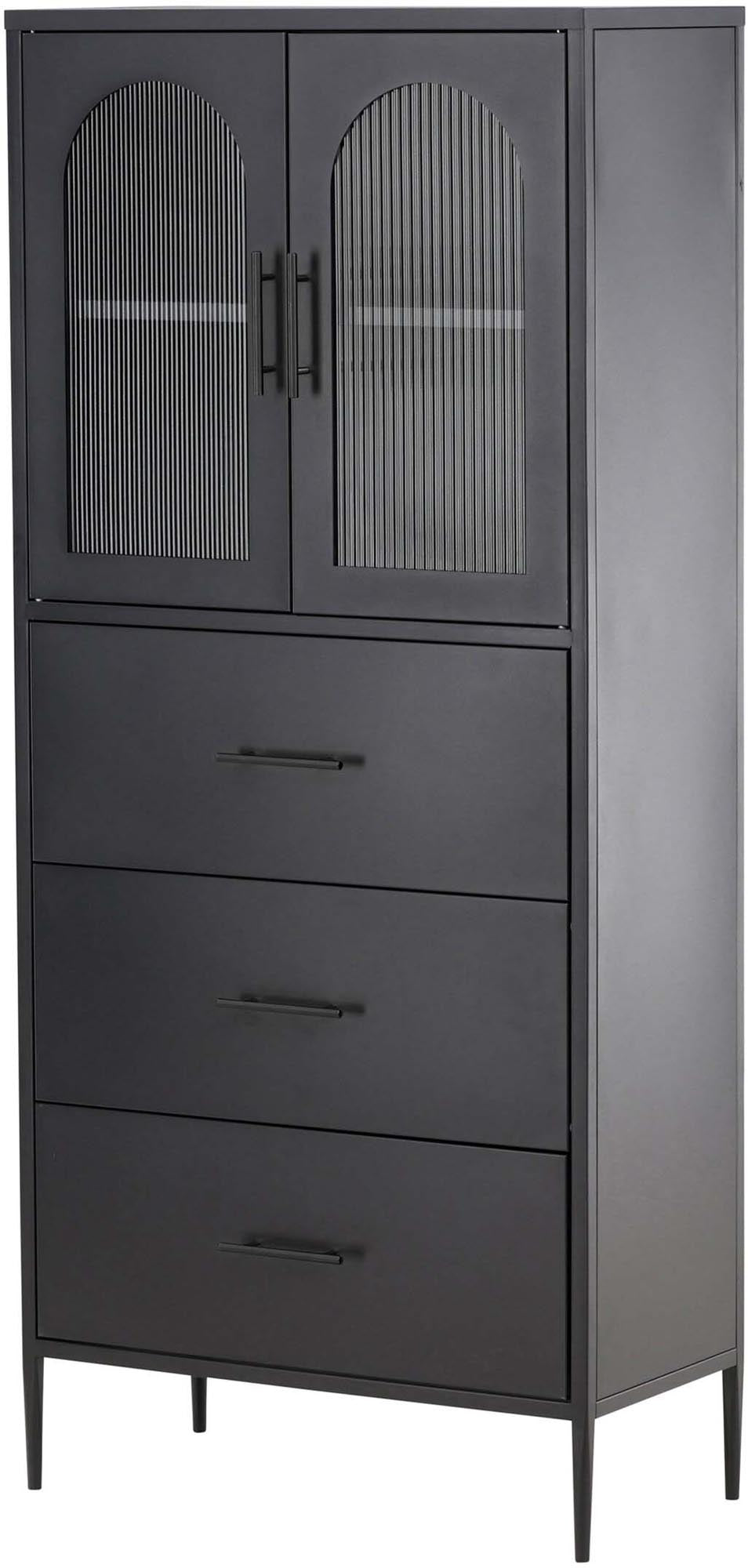 Stilvoller Aufbewahrungsschrank in elegantem Schwarz mit robustem Stahl, Glastüren und großzügigem Stauraum für ein organisiertes Zuhause.