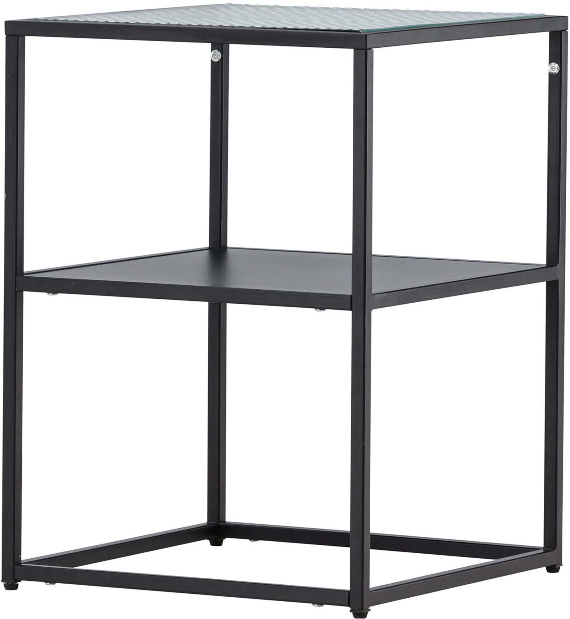Der San Paulo Beistelltisch von Venture Home vereint modernes Design mit Funktionalität: robuster Stahl, Glasplatte, schwarzes Finish.