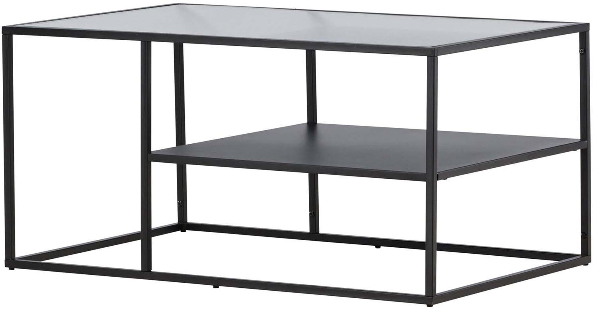 Eleganter Campinas Coffee Tisch: Schwarzer Stahl, Glasplatte, 60x90cm, modern, funktional, stilvoll, mit Ablage.