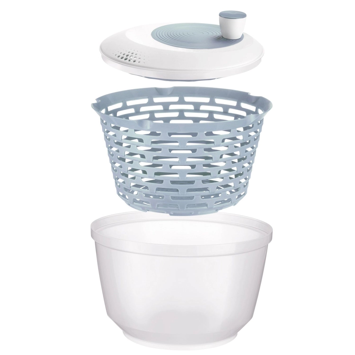 Moderne Spinderella Salatschleuder in elegantem Blau, mit rutschfester Unterlage und 4.4l Volumen für schnelles und einfaches Salattrocknen.