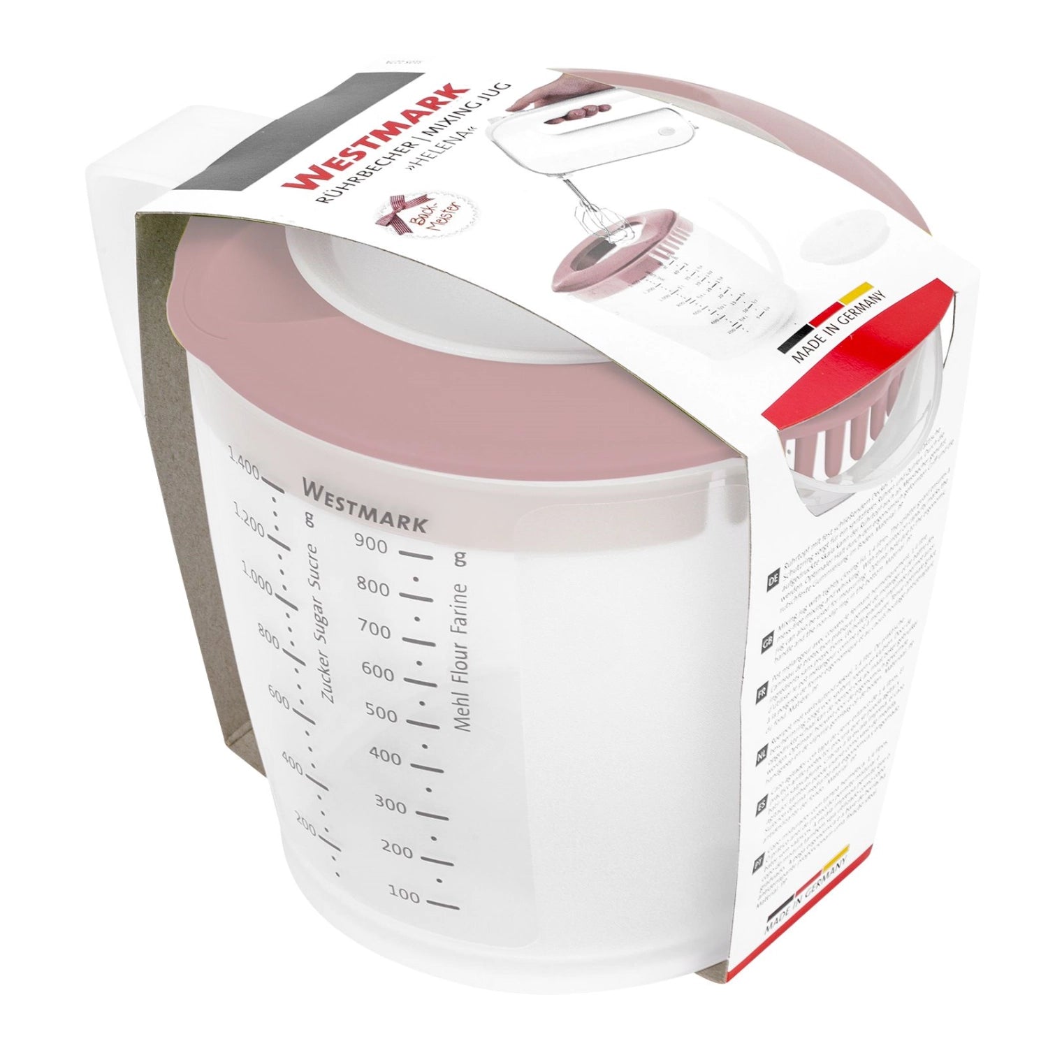 Praktischer Rührbecher in zartem Rosa von Westmark, 1.4l, ideal für präzises Messen und Rühren in der Küche, mit passendem Deckel.